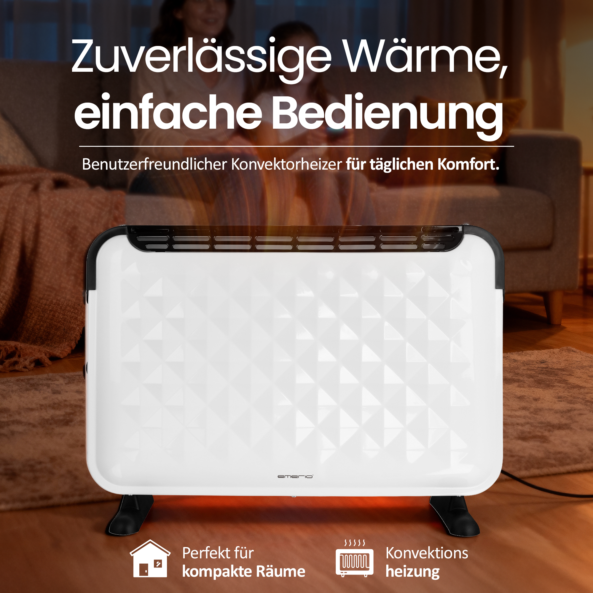 Weißer Elektroheizer mit schwarzen Beinen und Oberteil. Text: Zuverlässige Wärme, einfache Bedienung, perfekt für kleine Räume.