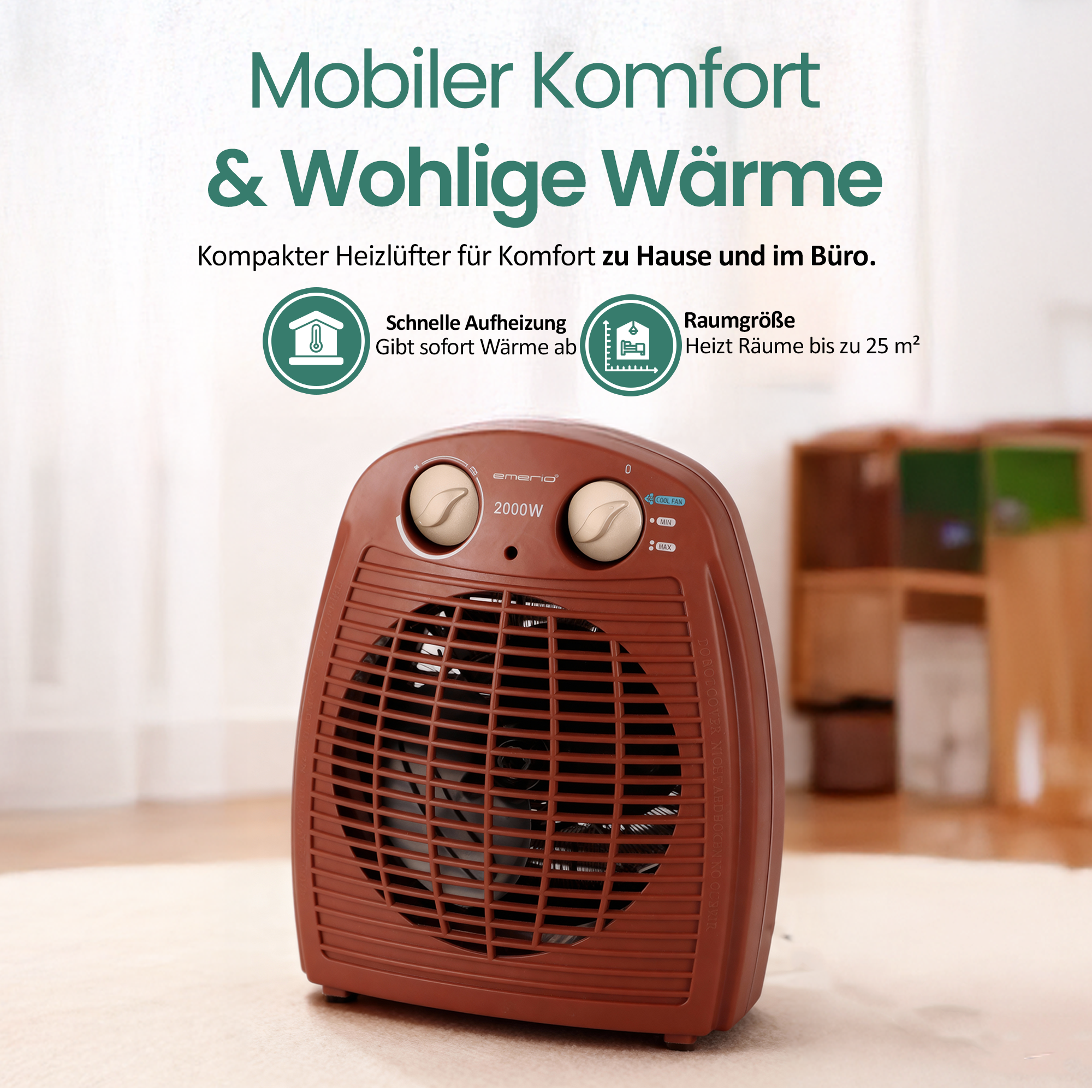 Ein brauner elektrischer Heizlüfter. Text oben: 'Mobiler Komfort & Wohlige Wärme'.