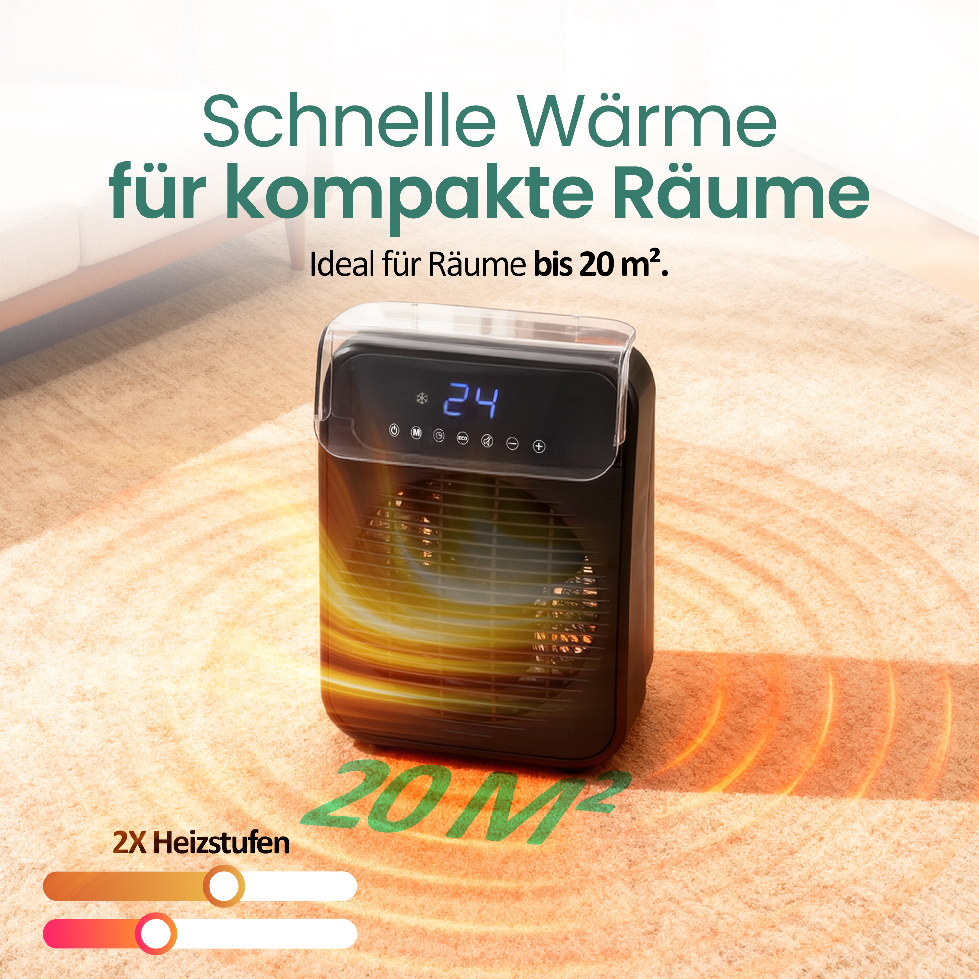 Ein schwarzes Heizgerät mit Digitalanzeige zeigt 24. Der Text lautet 'Schnelle Wärme für kleine Räume' und 'Ideal für Räume bis 20 m²'.