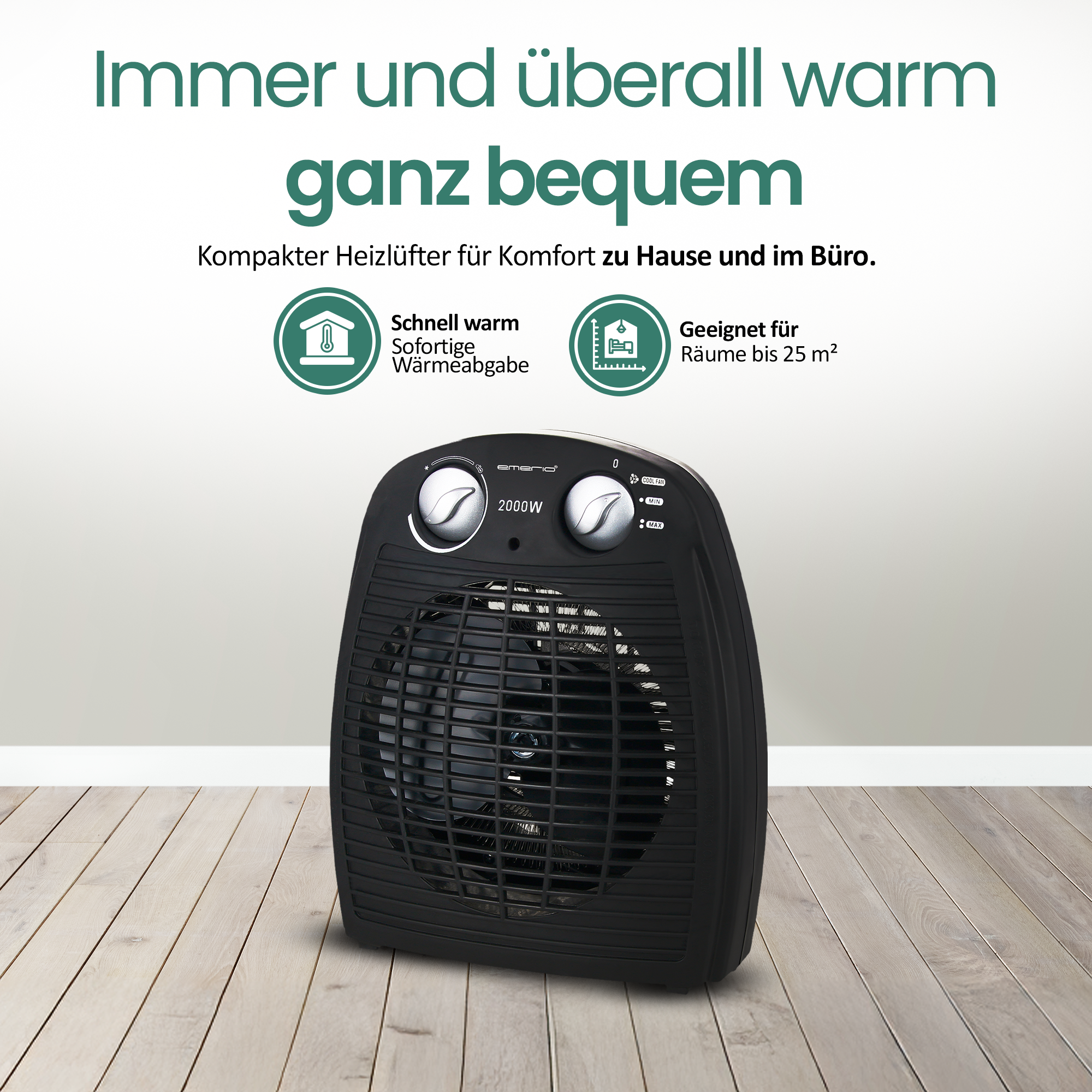 Schwarzer elektrischer Heizlüfter auf Holzboden. Es hat zwei silberne Knöpfe und einen Ventilator. Text sagt 'Immer und überall warm'.