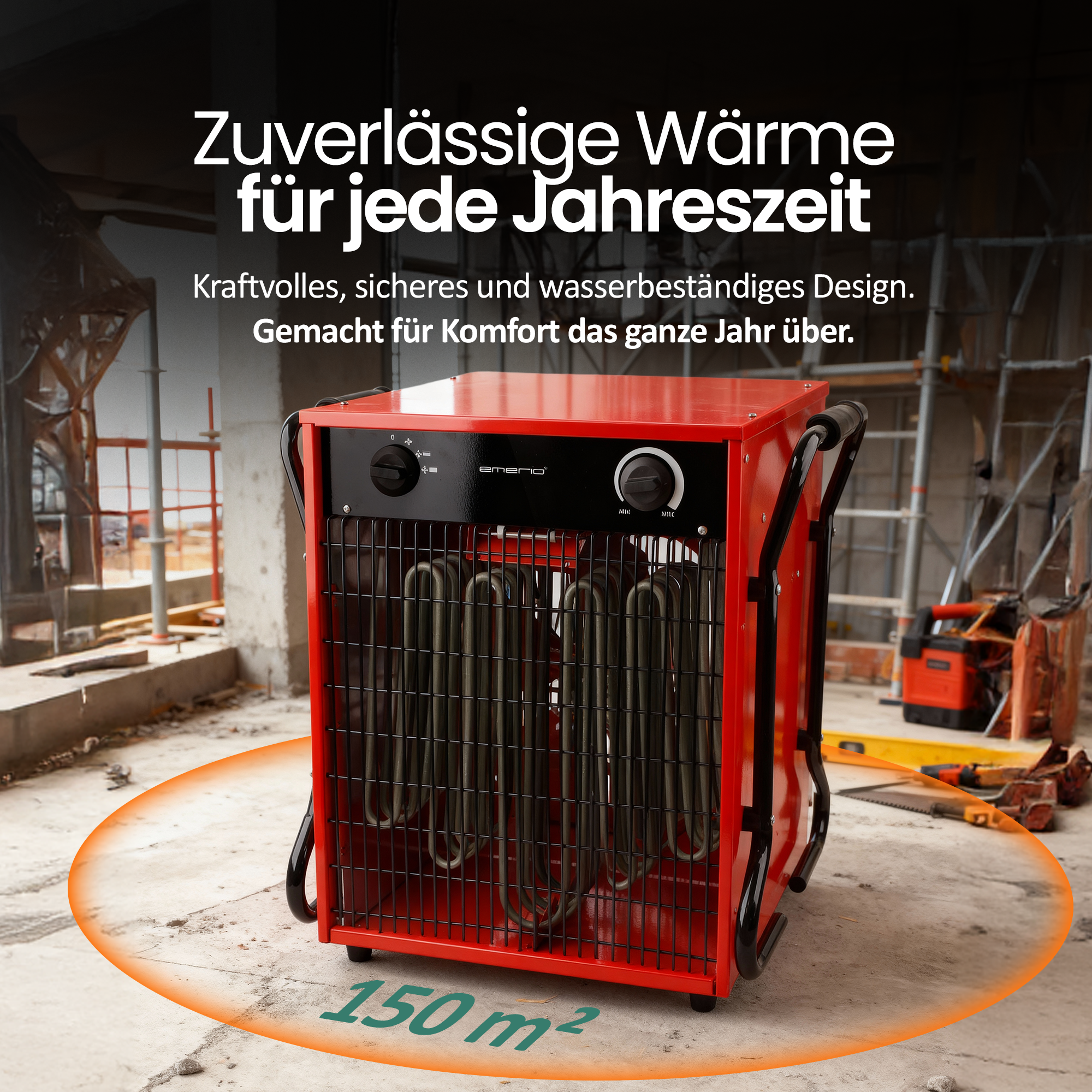 Roter Heizlüfter mit schwarzem Gitter, Knöpfen und Griff. Er befindet sich auf einer Baustelle.