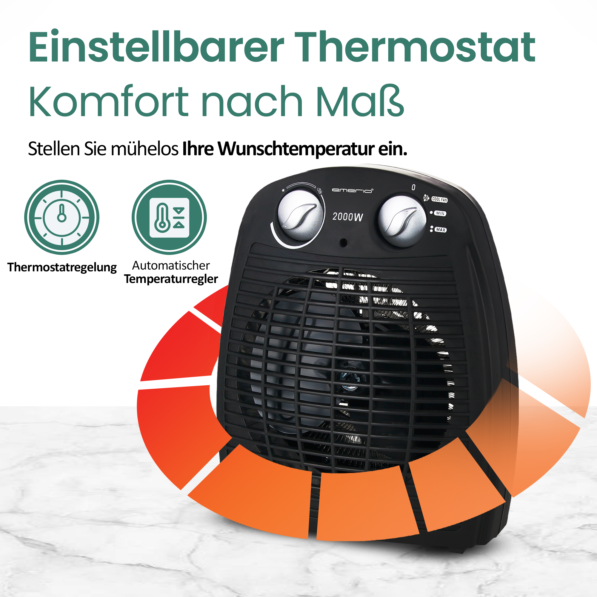 Schwarzer Heizlüfter mit Drehreglern und einem Lüfter. Text sagt einstellbarer Thermostat. Es gibt orange und rote Grafikelemente.