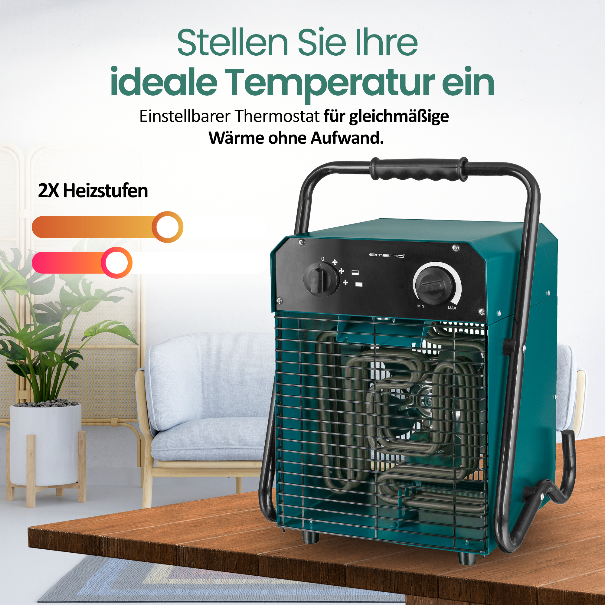 Ein türkisfarbener Heizlüfter auf einem Holztisch, mit einer Pflanze und einem Stuhl im Hintergrund. Text: 'ideale Temperatur'.