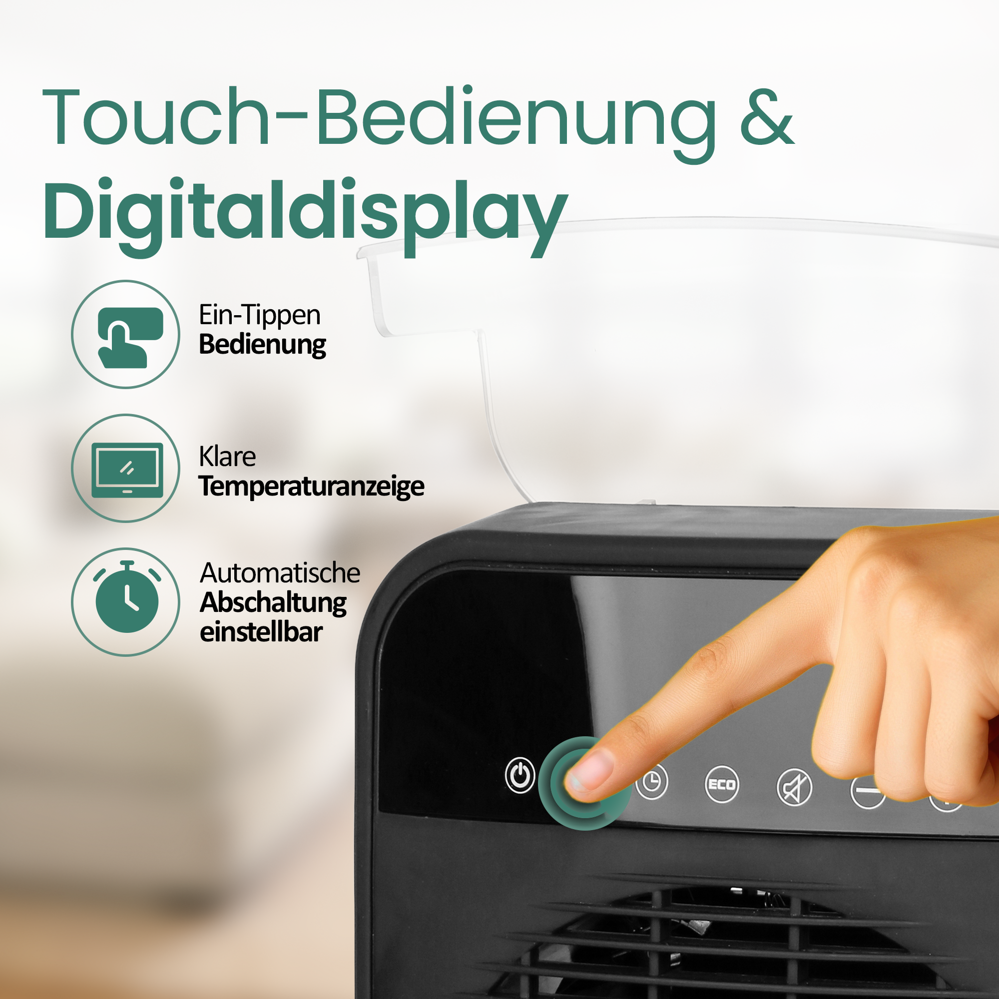 Eine Hand drückt eine Taste auf einem schwarzen Gerät. Das Bild enthält deutschen Text über Touch-Bedienelemente und Display.