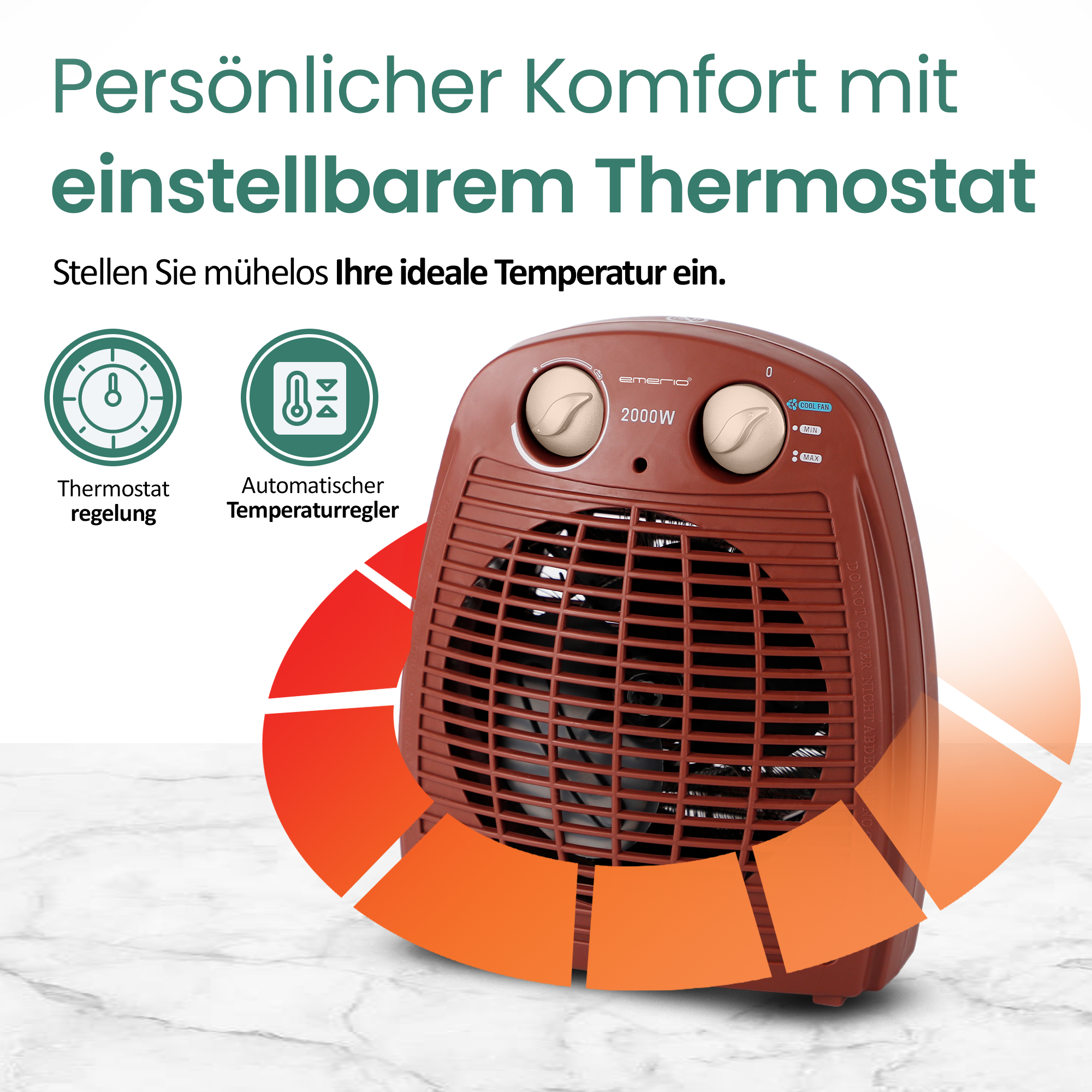 Brauner Heizlüfter mit einstellbarem Thermostat. Er hat zwei Knöpfe, einen Ventilator und ein rot-oranges Farbverlaufsdesign.