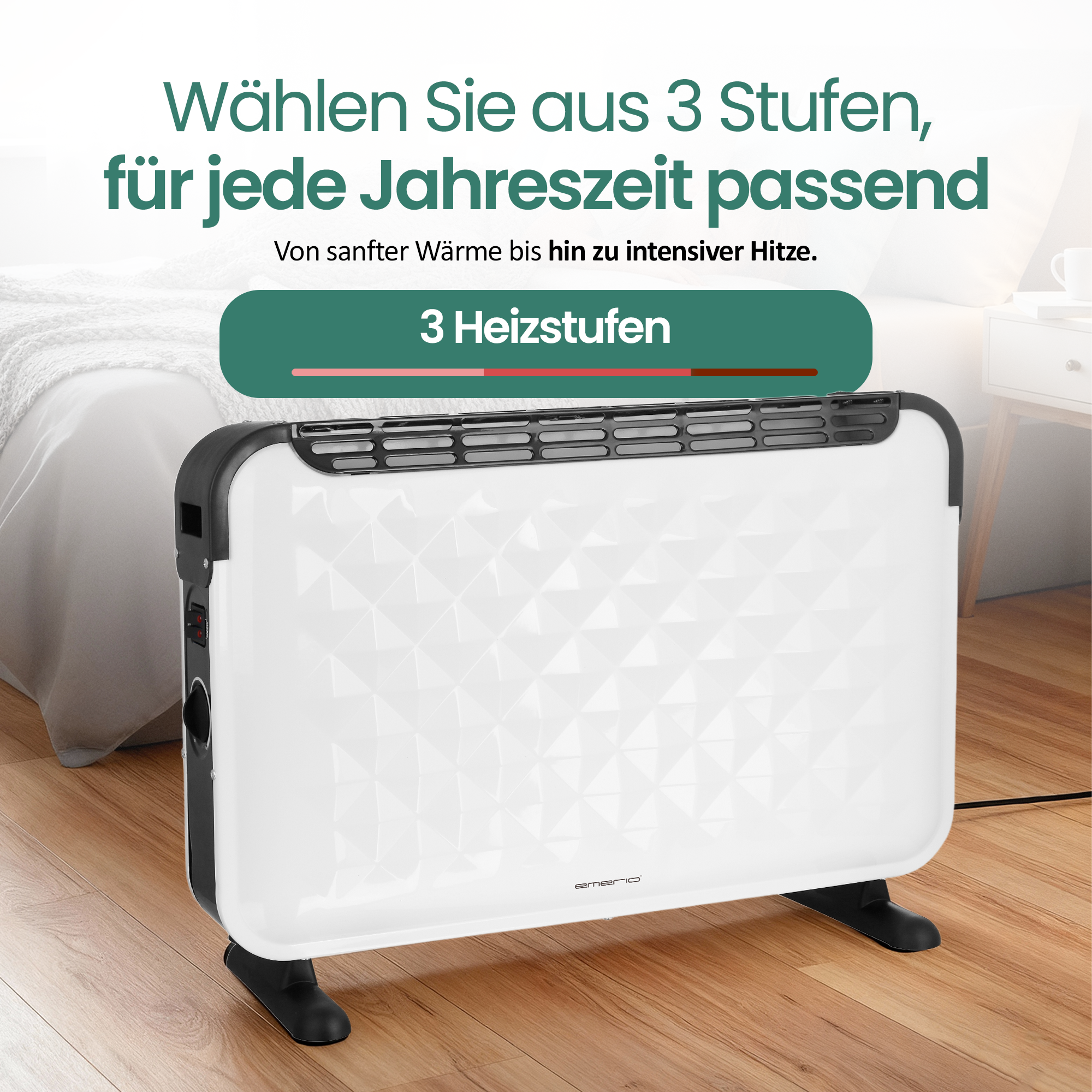 Weißer elektrischer Heizkörper mit schwarzen Akzenten, Rautenmuster, auf Holzfußboden, Text oben. Schlafzimmer.