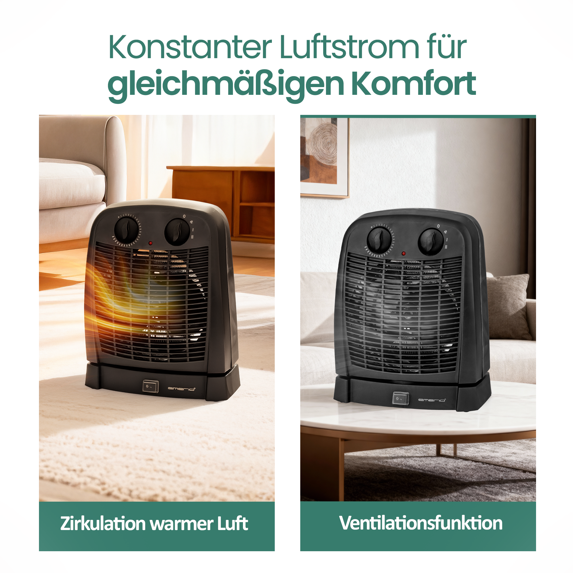 Zwei schwarze Heizlüfter mit Drehreglern. Einer zeigt Luftzirkulation, der andere Belüftung. Der Hintergrund umfasst Möbel.