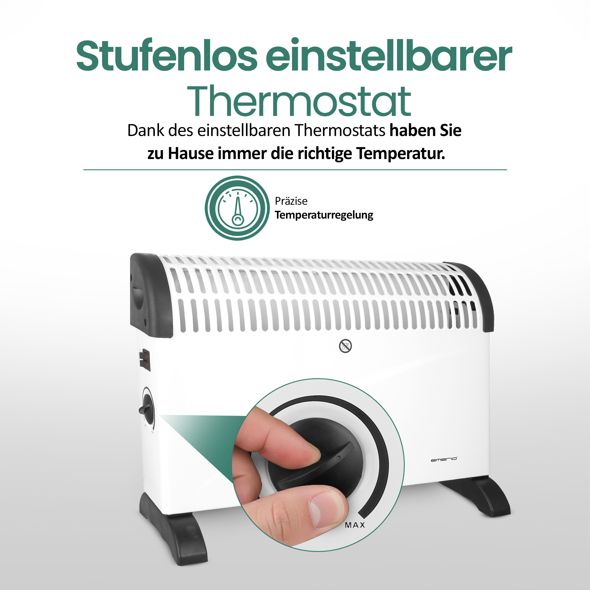 Weißer Elektroheizer mit schwarzen Details. Eine Hand dreht den Thermostatknopf. Text: einstellbarer Thermostat.