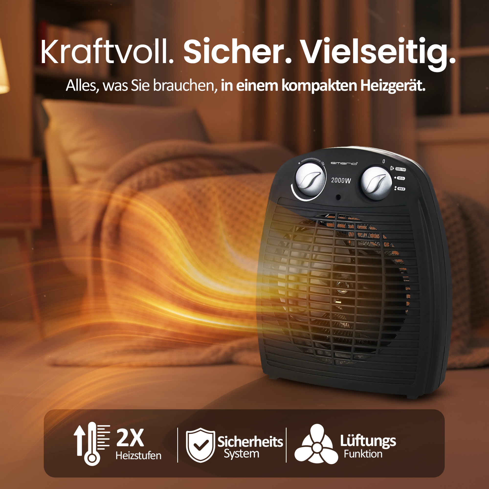 Schwarzer Heizlüfter mit orangefarbenen Hitzewellen in einem Raum. Text sagt: 'Leistungsstark. Sicher. Vielseitig.'