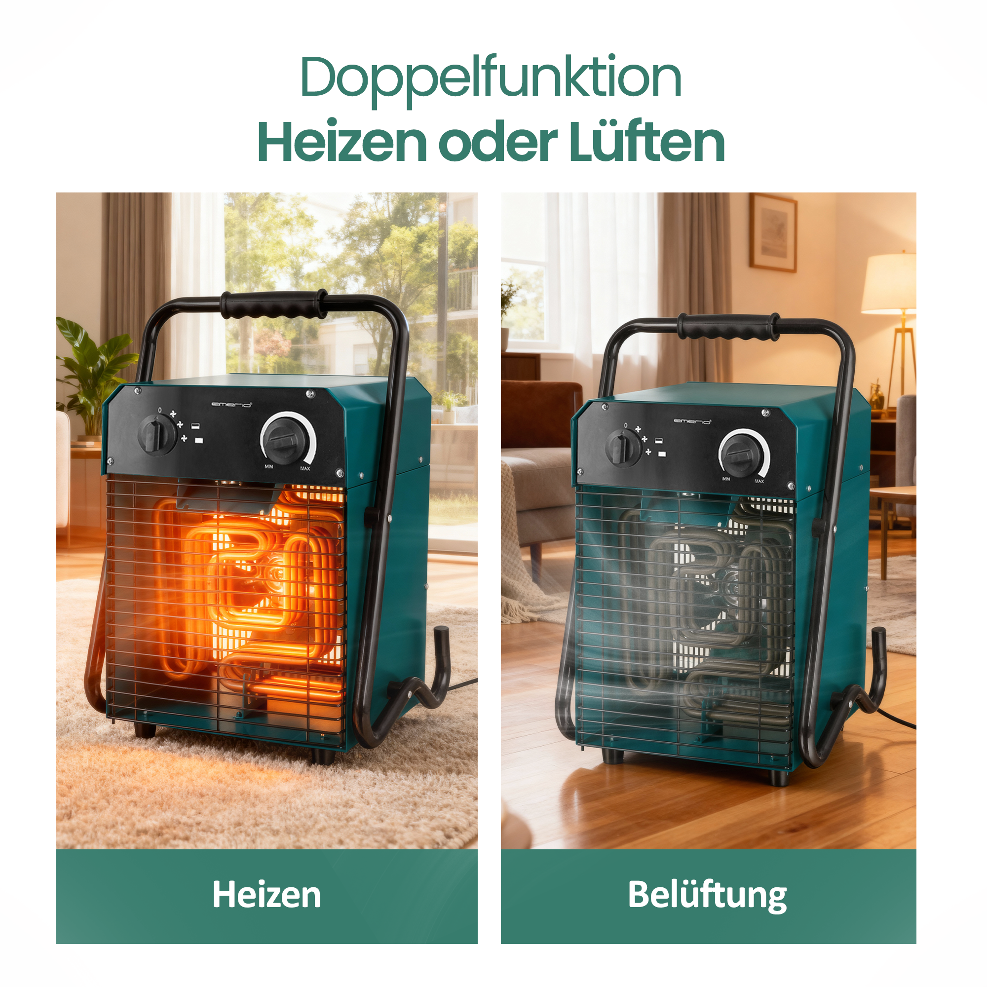 Das Bild zeigt eine türkisfarbene Heizung, eine Seite heizt und leuchtet orange, die andere Seite mit Lüfterflügeln.