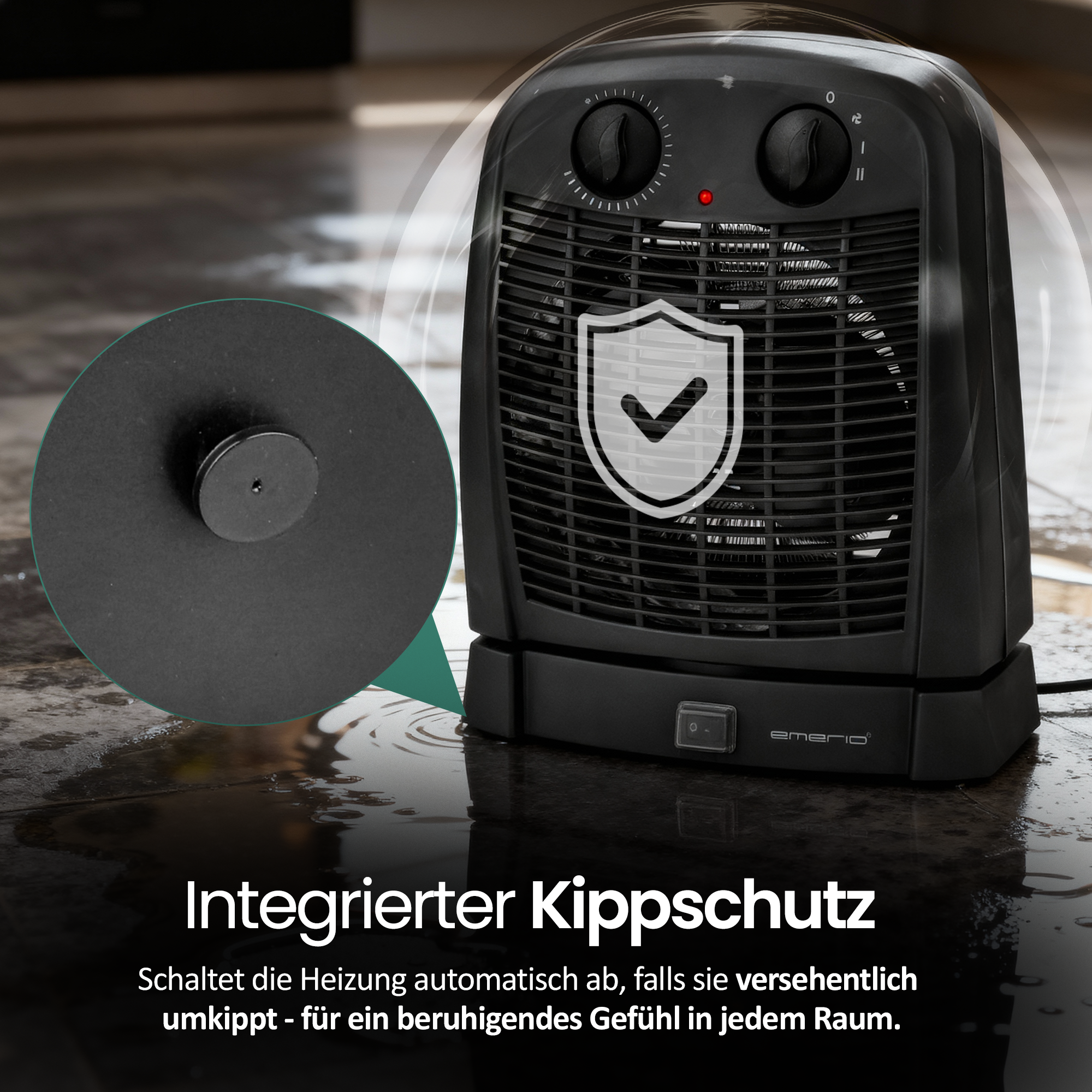 Schwarzer Elektroheizer mit Bedienelementen, einem Sicherheitsschildsymbol und Nahaufnahme einer schwarzen Komponente.