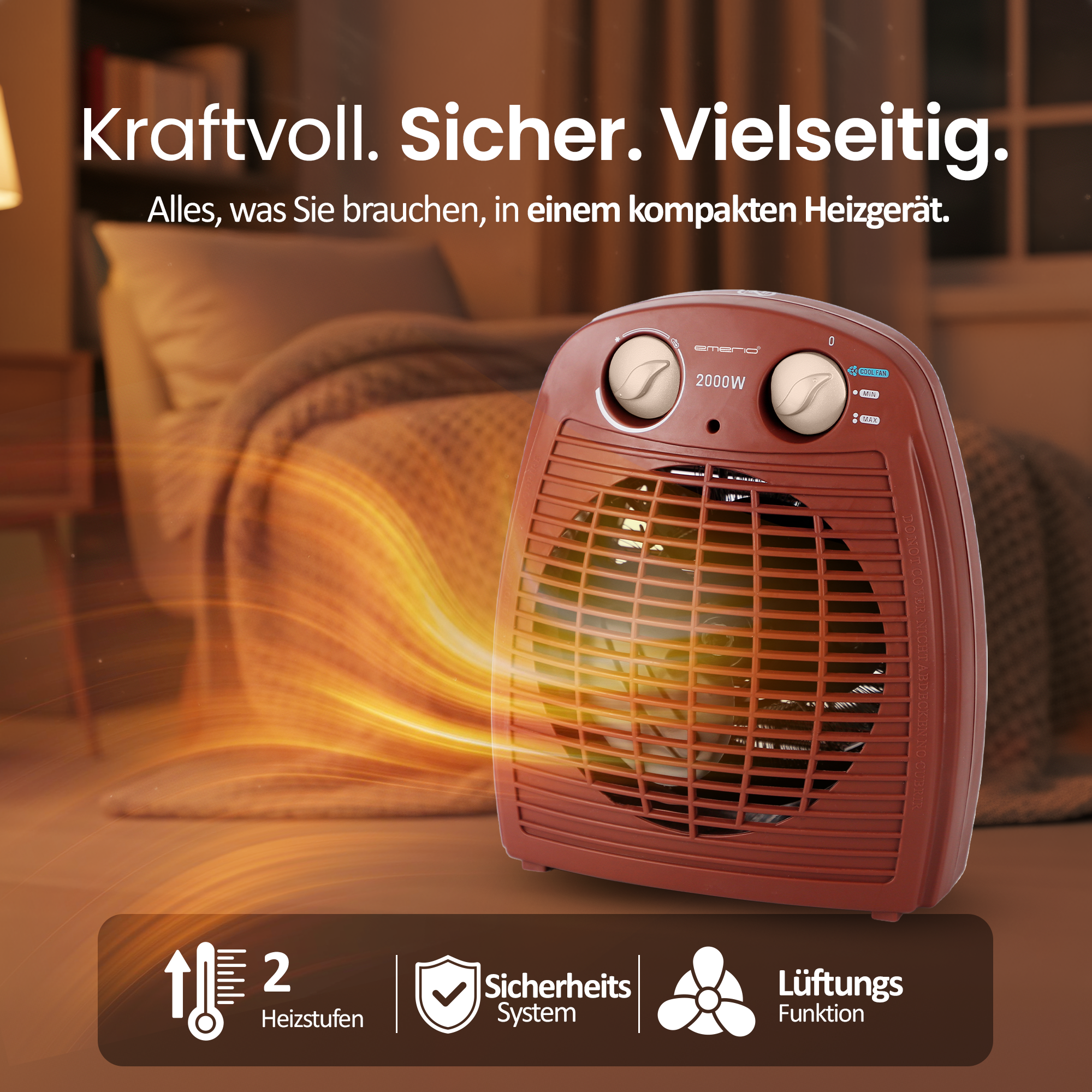 Ein brauner Heizlüfter mit zwei Knöpfen. Er hat einen Ventilator und Sicherheitsfunktionen, mit deutschem Text.