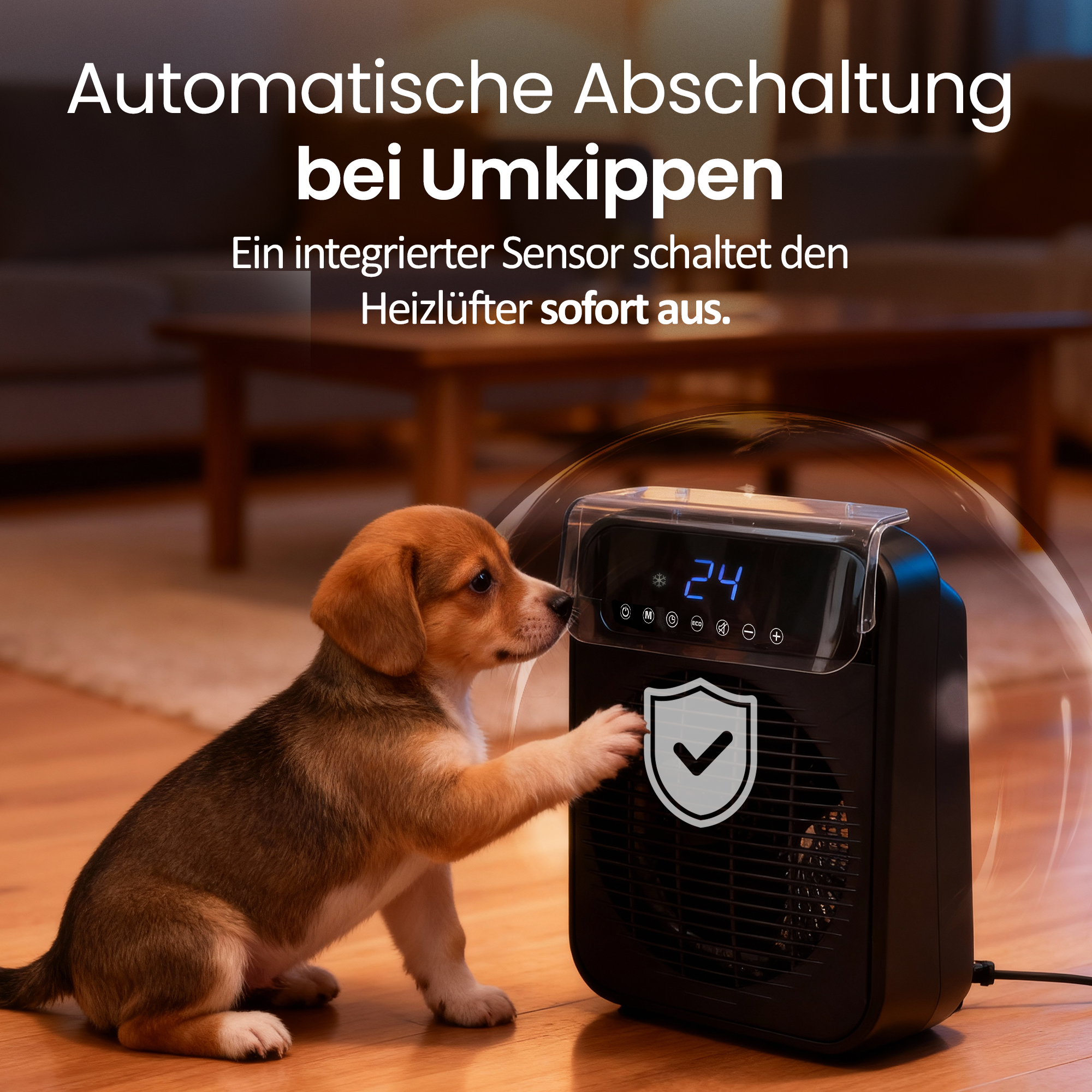 Ein Welpe berührt eine schwarze Heizung. Die Heizung zeigt 24 an. Text: Automatische Abschaltung bei Umkippen.