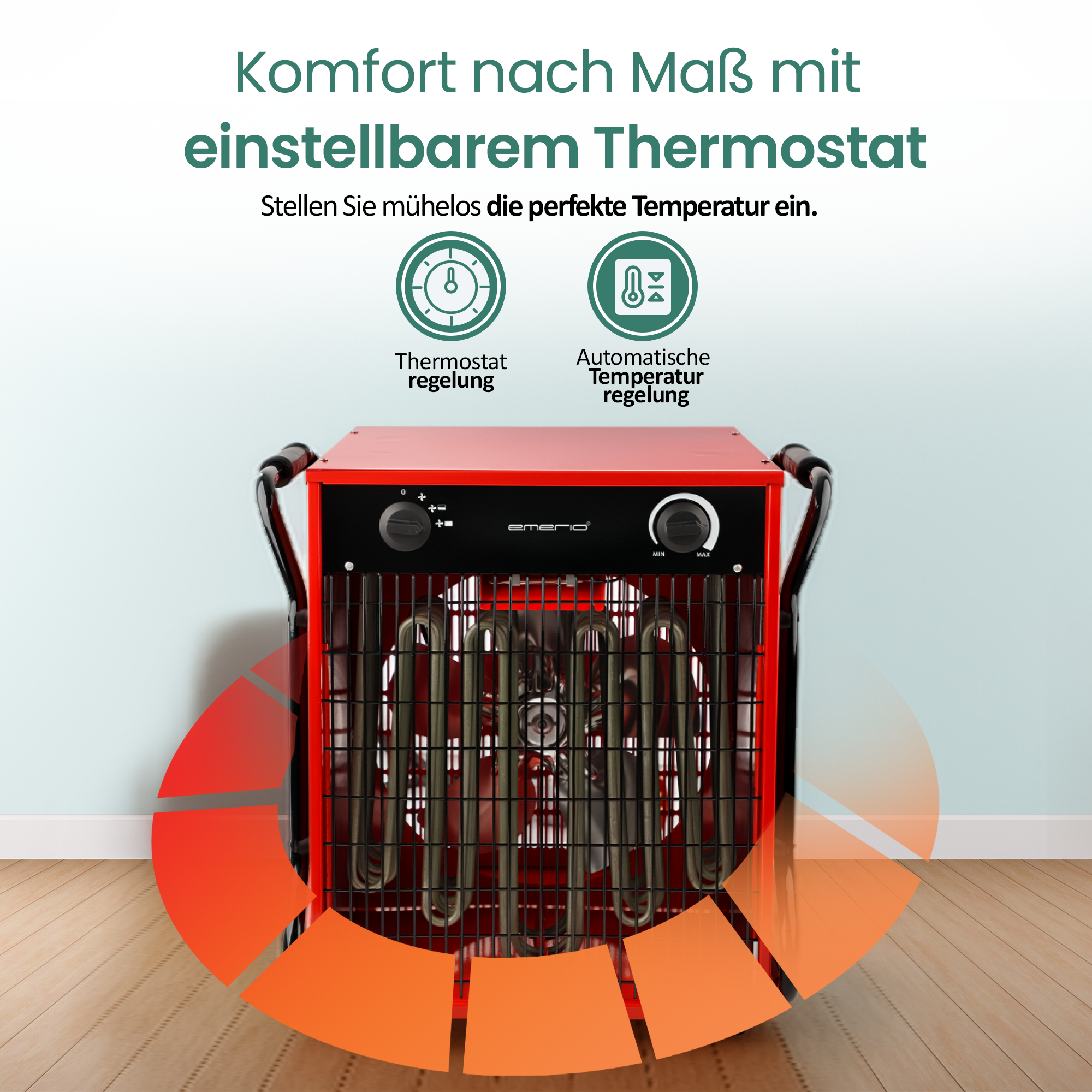 Roter Heizlüfter mit schwarzen Griffen. Text: Komfort mit einstellbarem Thermostat. Zwei Symbole: Thermostat und automatische Temperatur.