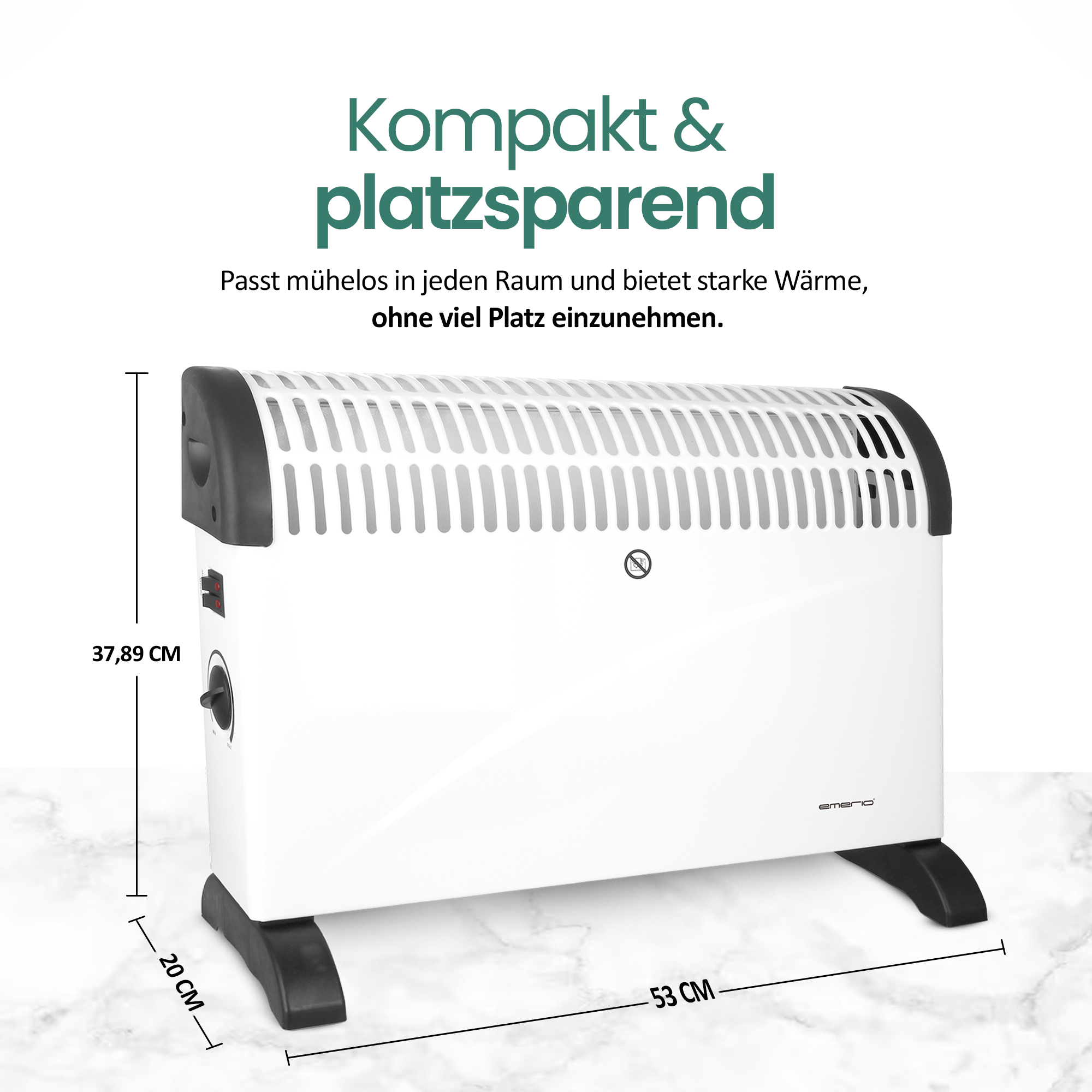 Weißer Heizlüfter mit schwarzen Akzenten, Maße auf Marmoroberfläche. Text: 'Kompakt & platzsparend'.