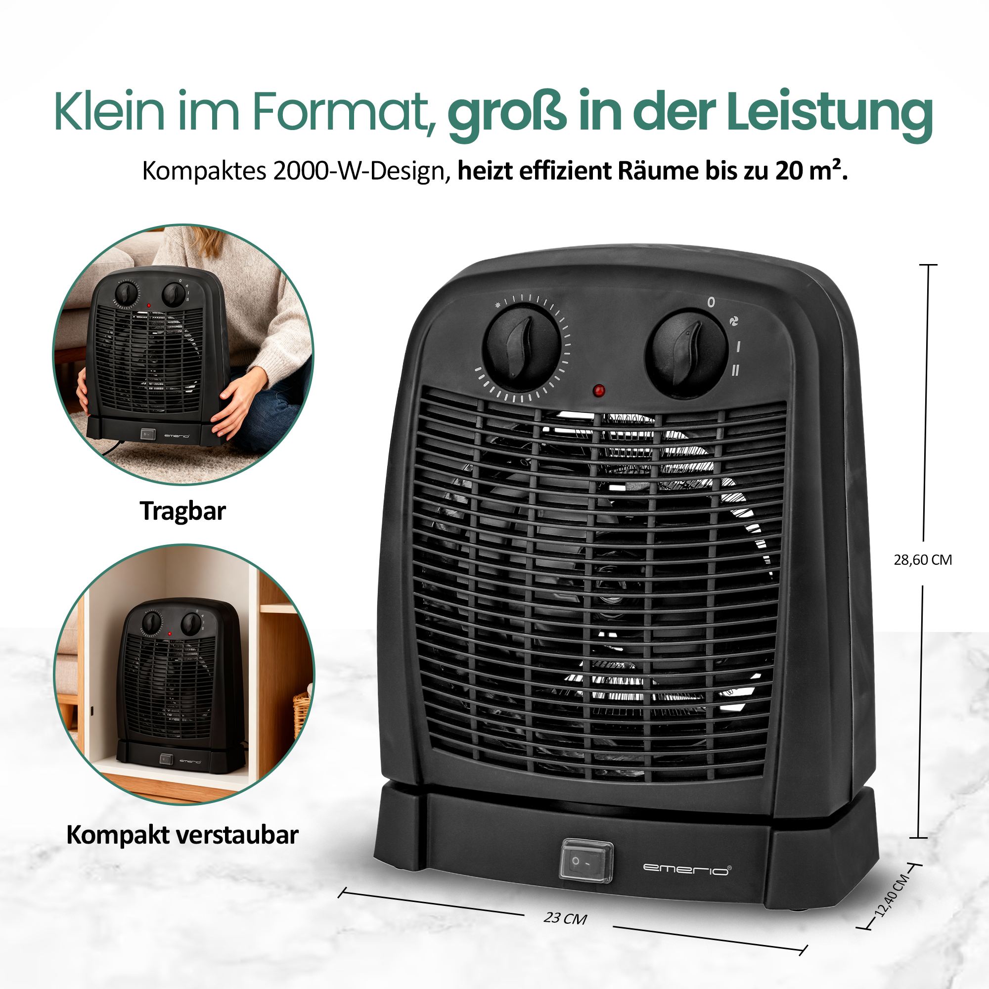 Schwarze elektrische Heizung mit Bedienelementen. Merkmale: kompaktes Design, 2000W, heizt bis zu 20 m². Abmessungen.