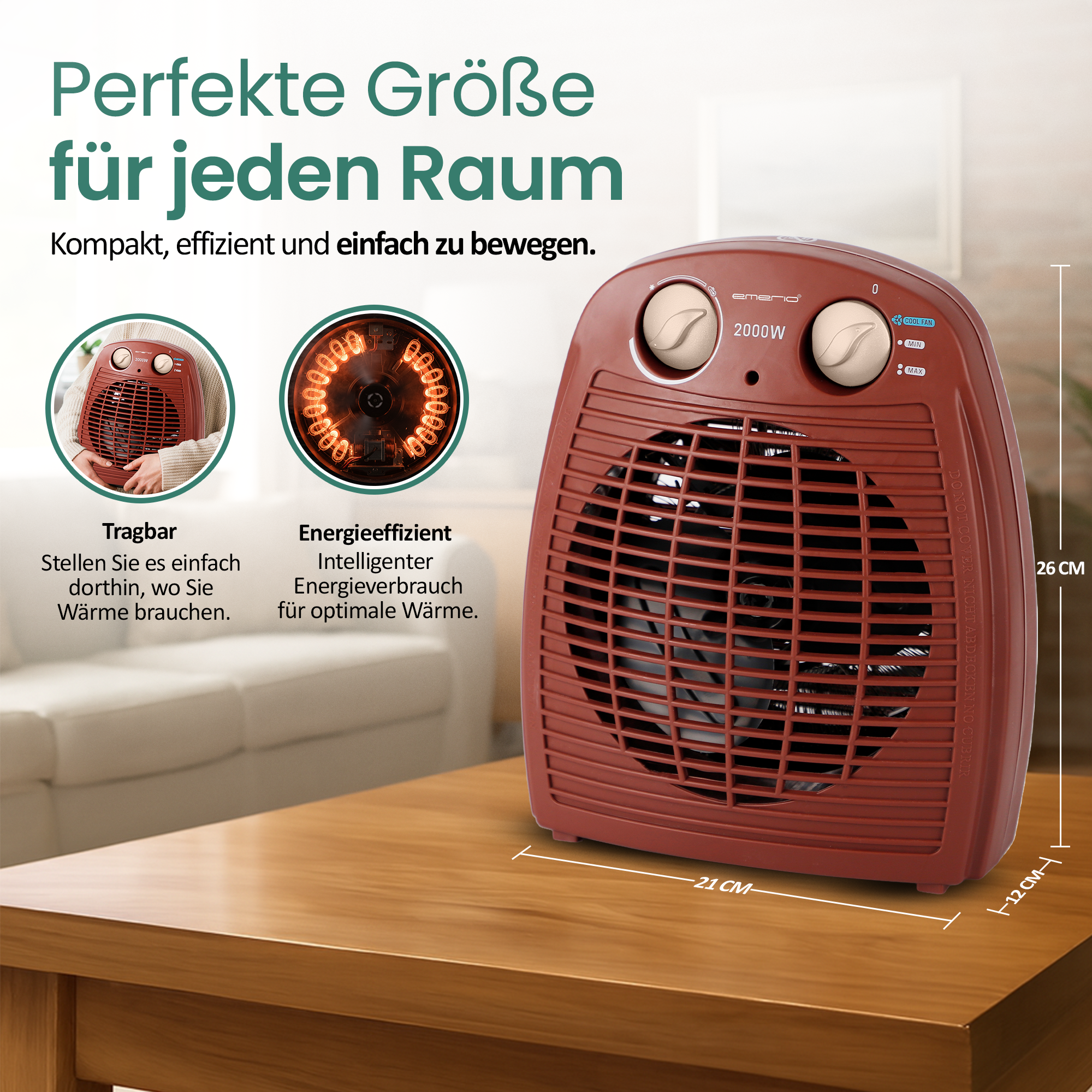 Ein roter Heizlüfter auf einem Holztisch, mit Drehreglern und einem Ventilator. Text sagt, er ist energieeffizient.