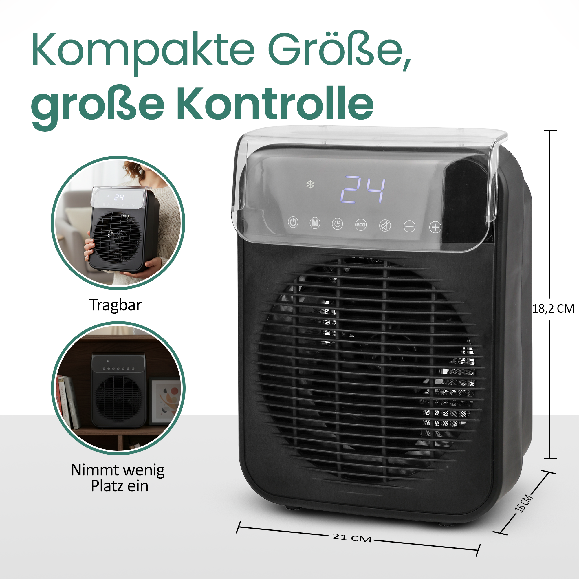 Schwarze tragbare Heizung mit Digitalanzeige, die 24 anzeigt. Sie hat beschriftete Abmessungen. Text: kompakte Größe, tolle Kontrolle.
