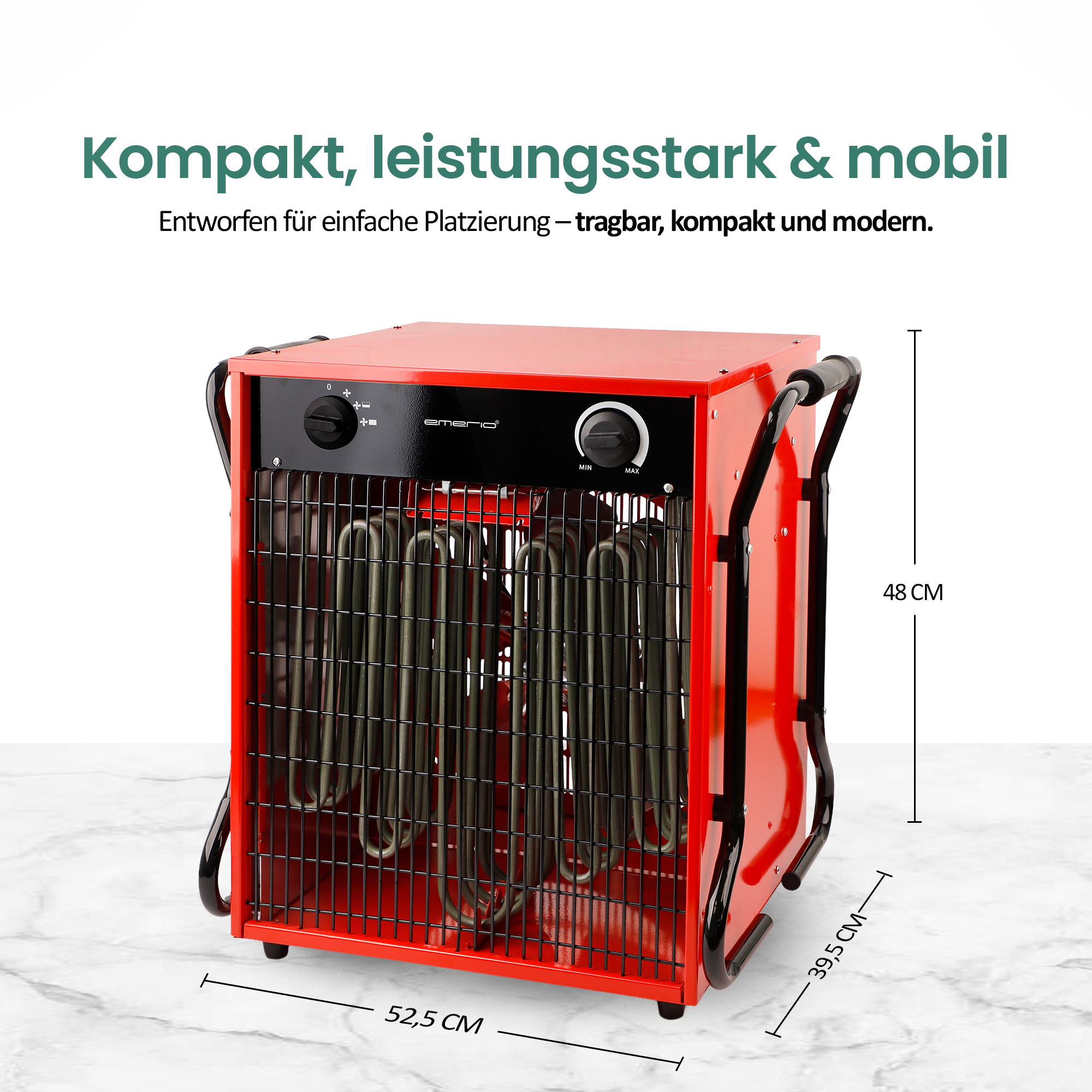 Ein roter Elektroheizer mit schwarzem Griff. Bedienelemente oben. Abmessungen: 52,5x39,5x48cm. Text: Kompakt, leistungsstark & mobil.