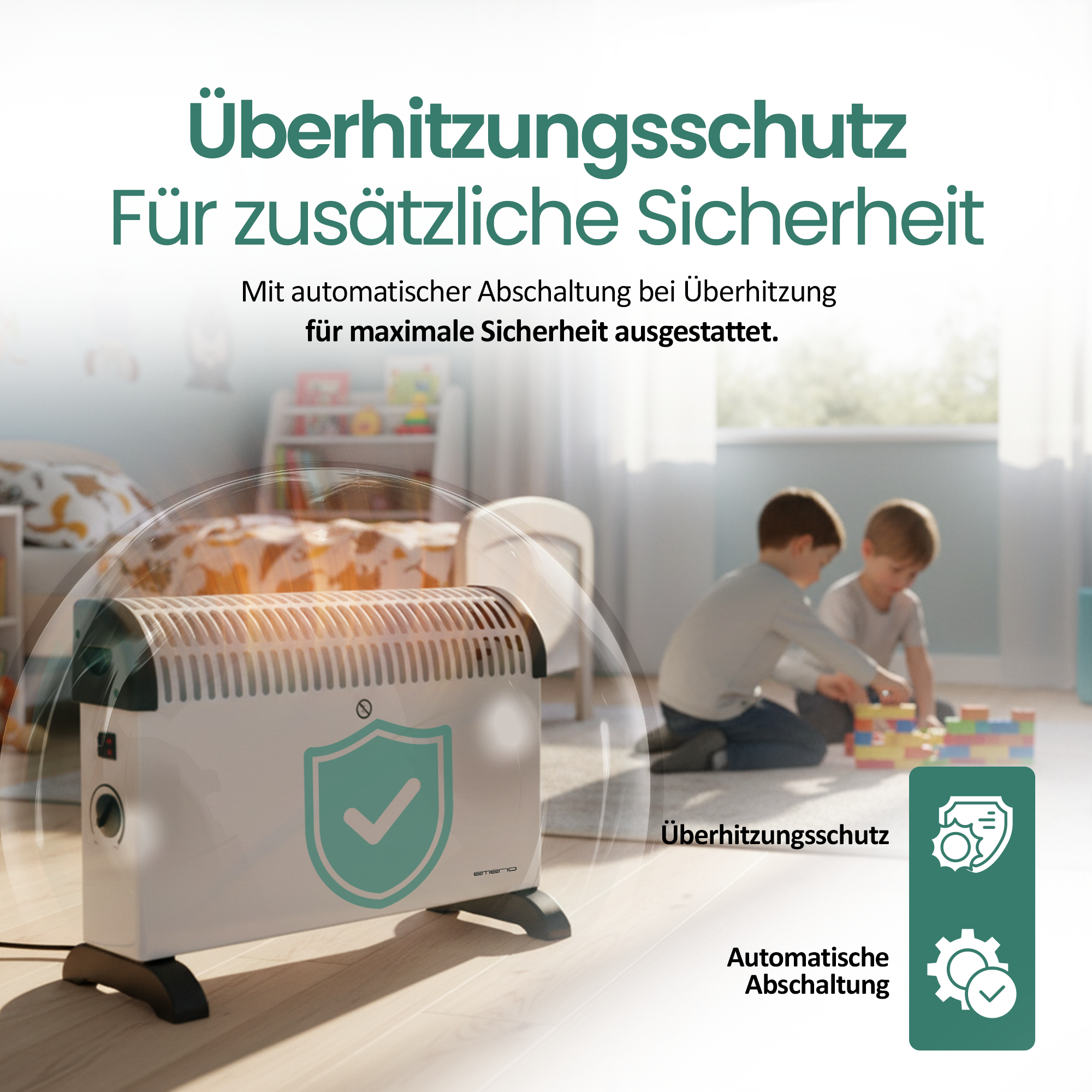 Ein weißer Heizlüfter mit grünem Schildsymbol. Zwei Kinder spielen mit Blöcken. Text auf Deutsch ist ebenfalls vorhanden.