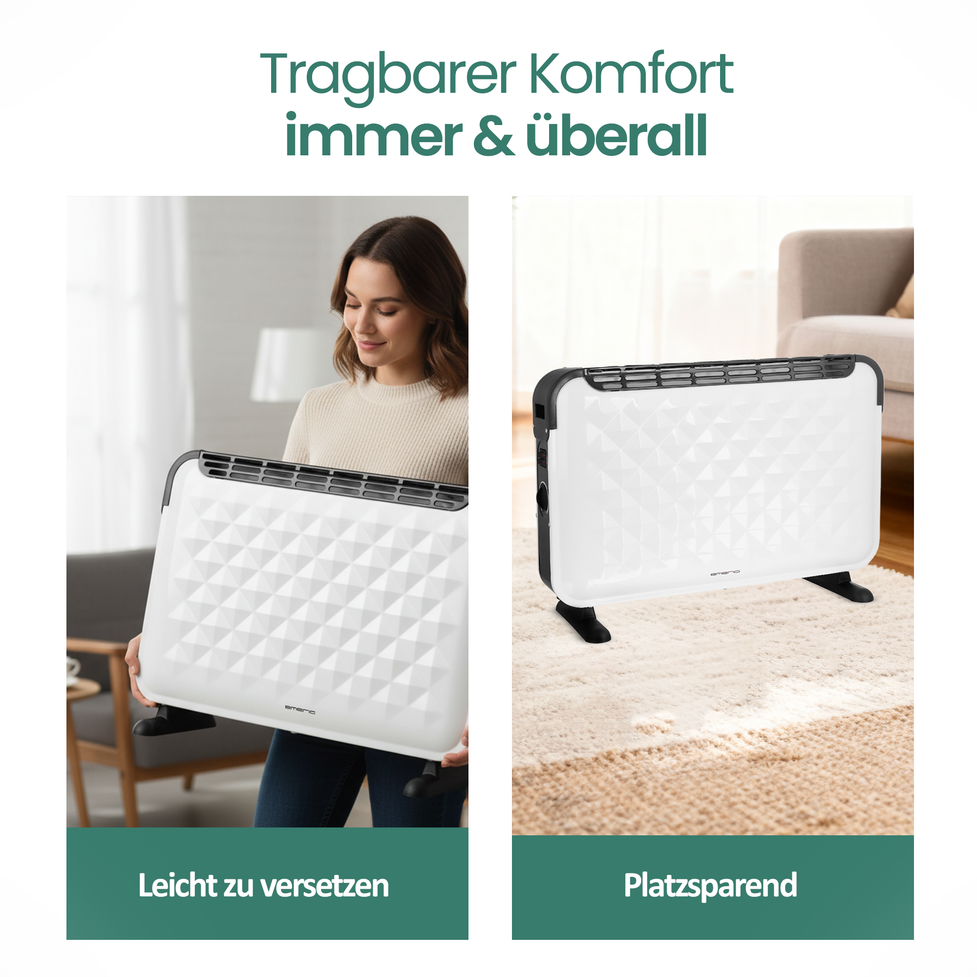 Das Bild zeigt eine Frau, die ein weißes Heizgerät hält. Ein weiteres Heizgerät steht auf einem Teppich. Text: 'Tragbarer Komfort'.