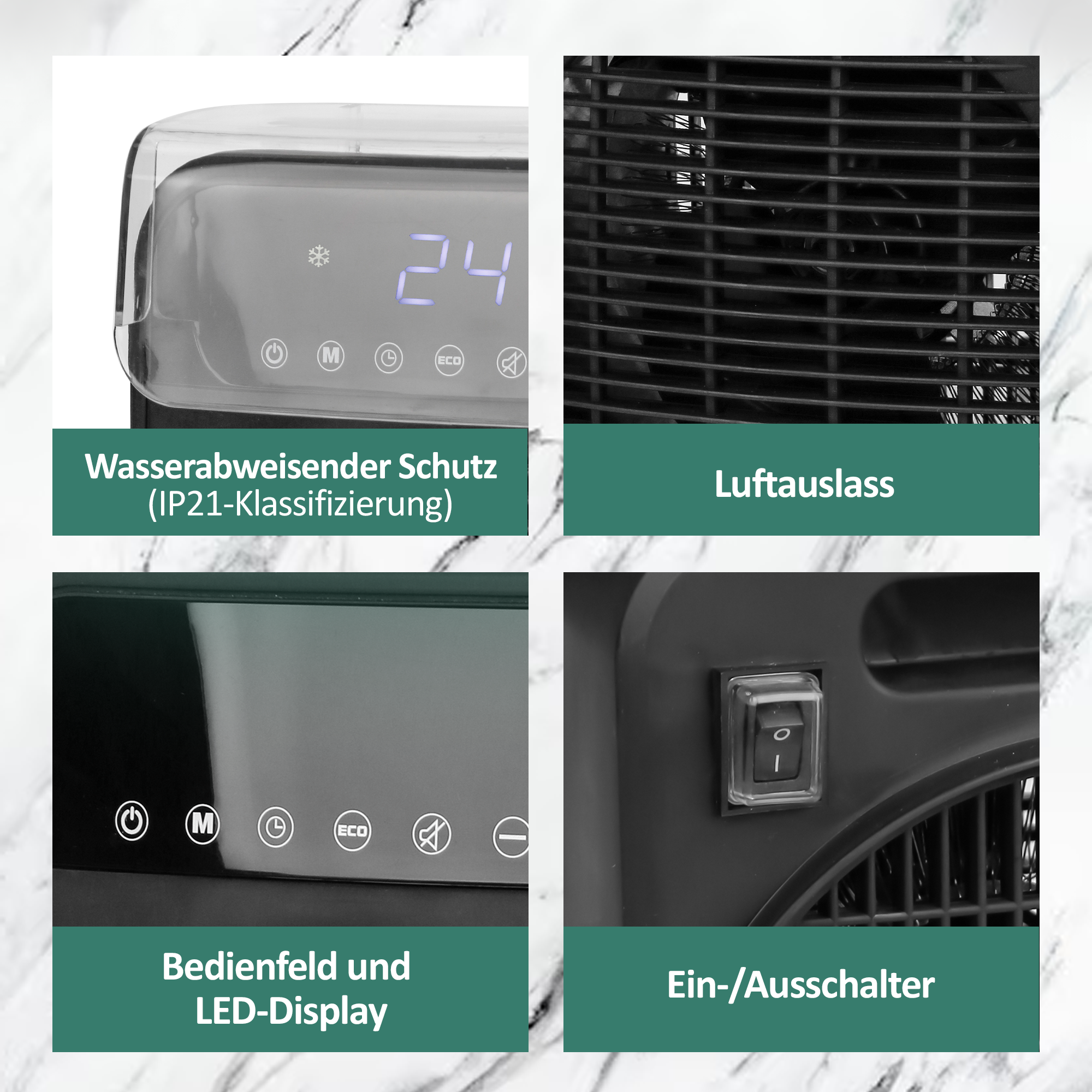 Nahaufnahme eines Geräts mit Bedienfeld, Digitalanzeige, Luftauslass und Ein-/Ausschalter.