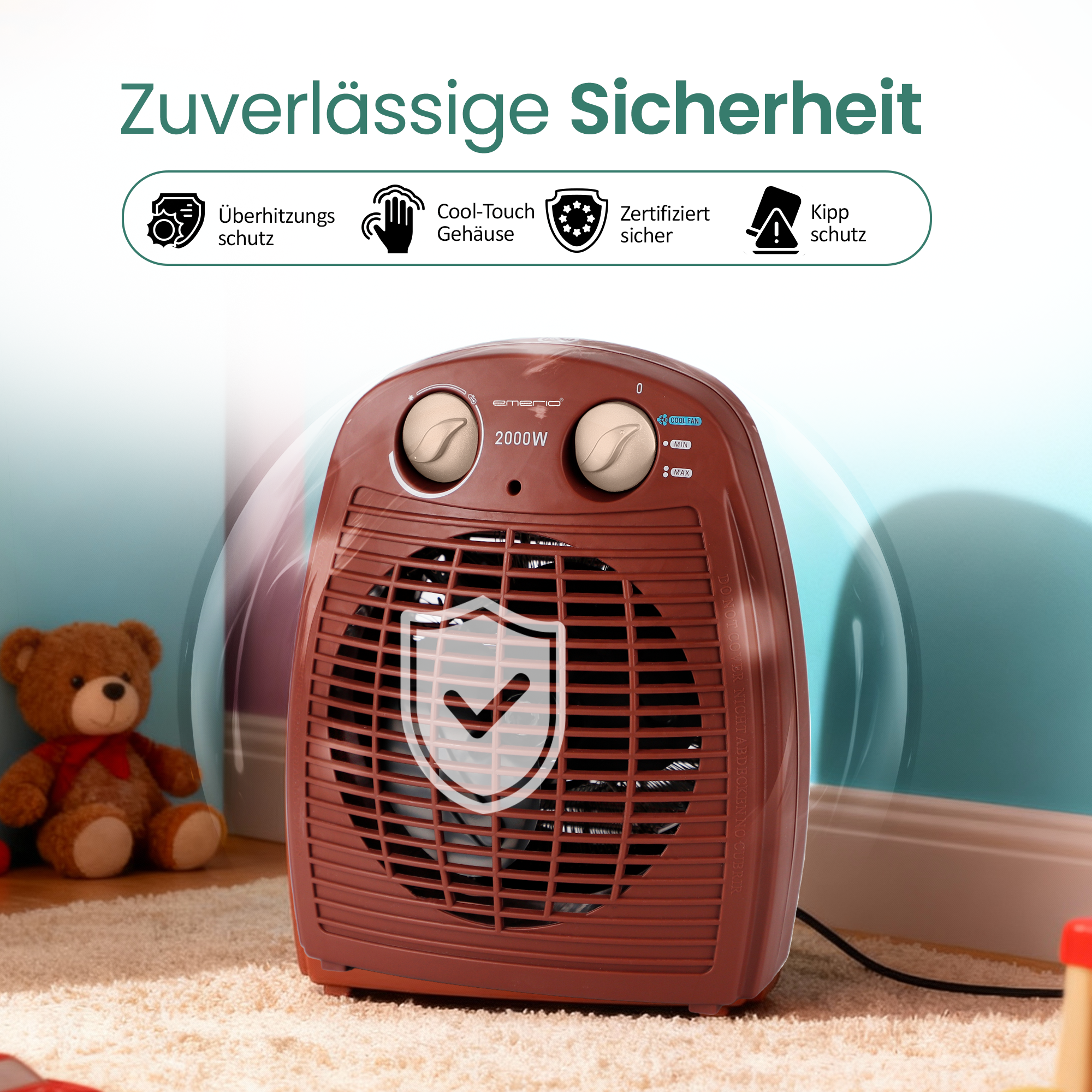 Brauner Heizlüfter auf einem Teppich. Ein Teddybär sitzt links. Text kennzeichnet Sicherheitsmerkmale.
