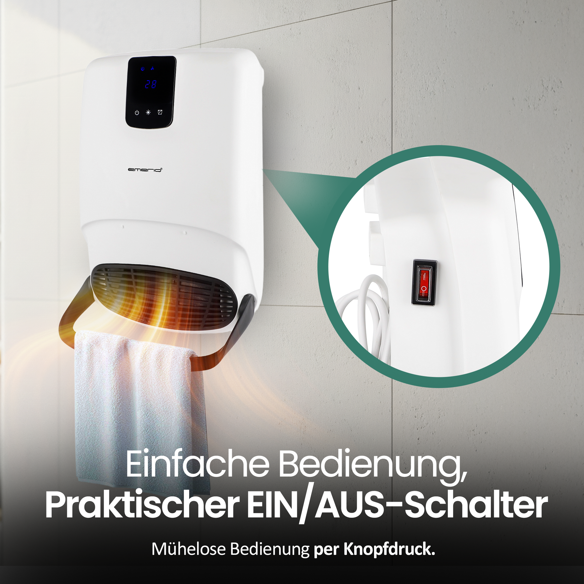 Weißer, wandmontierter Handtuchwärmer mit Digitalanzeige, Schalter und Netzkabel. Darunter hängt ein Handtuch. Der Schalter wird hervorgehoben.