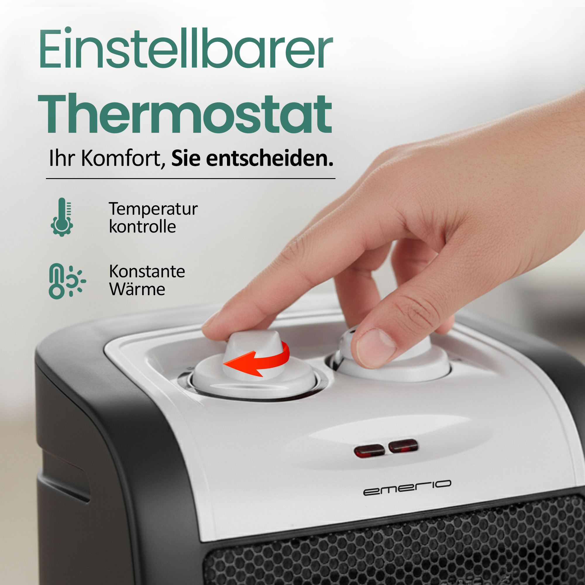 Eine Hand stellt einen Thermostat ein. Das Gerät hat zwei Knöpfe und ein Display. Der Hintergrund ist unscharf.