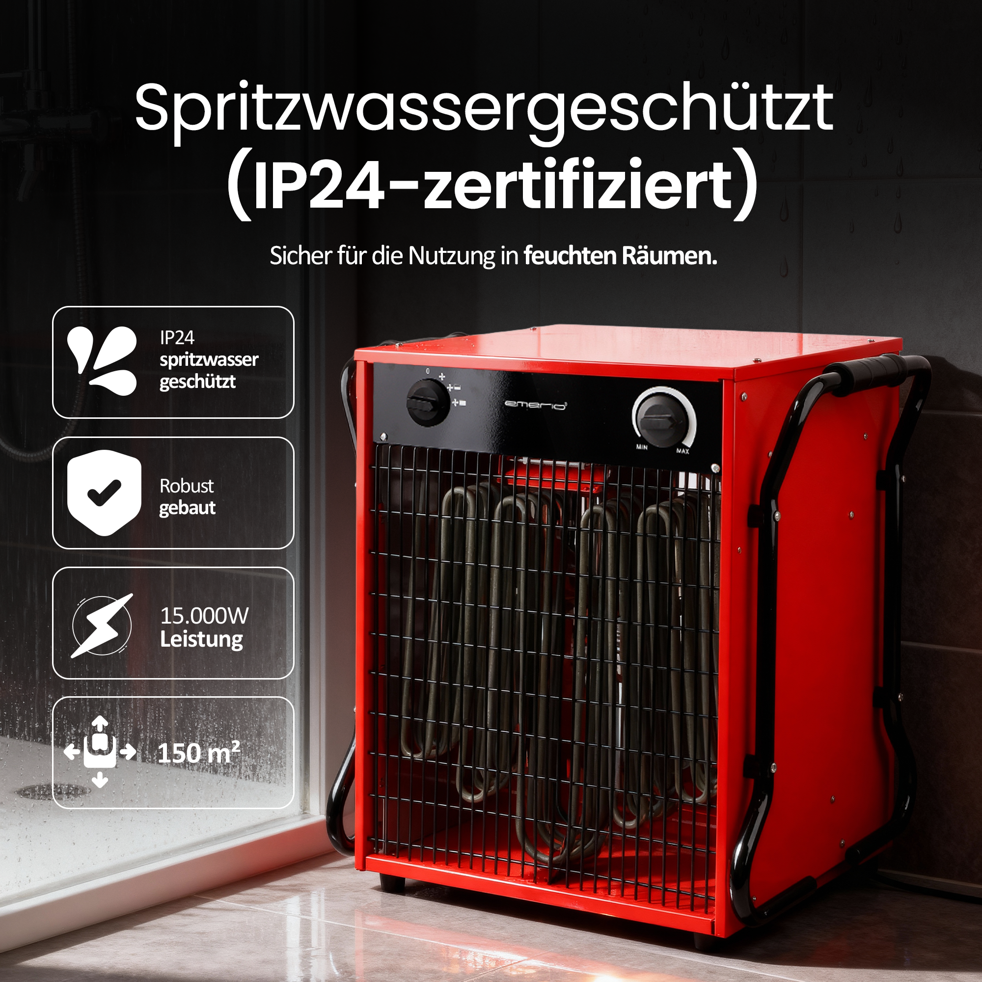 Ein roter Elektroheizer mit schwarzem Griff. Er hat ein schwarzes Frontgitter und Bedienknöpfe. Er steht in der Nähe einer Dusche.