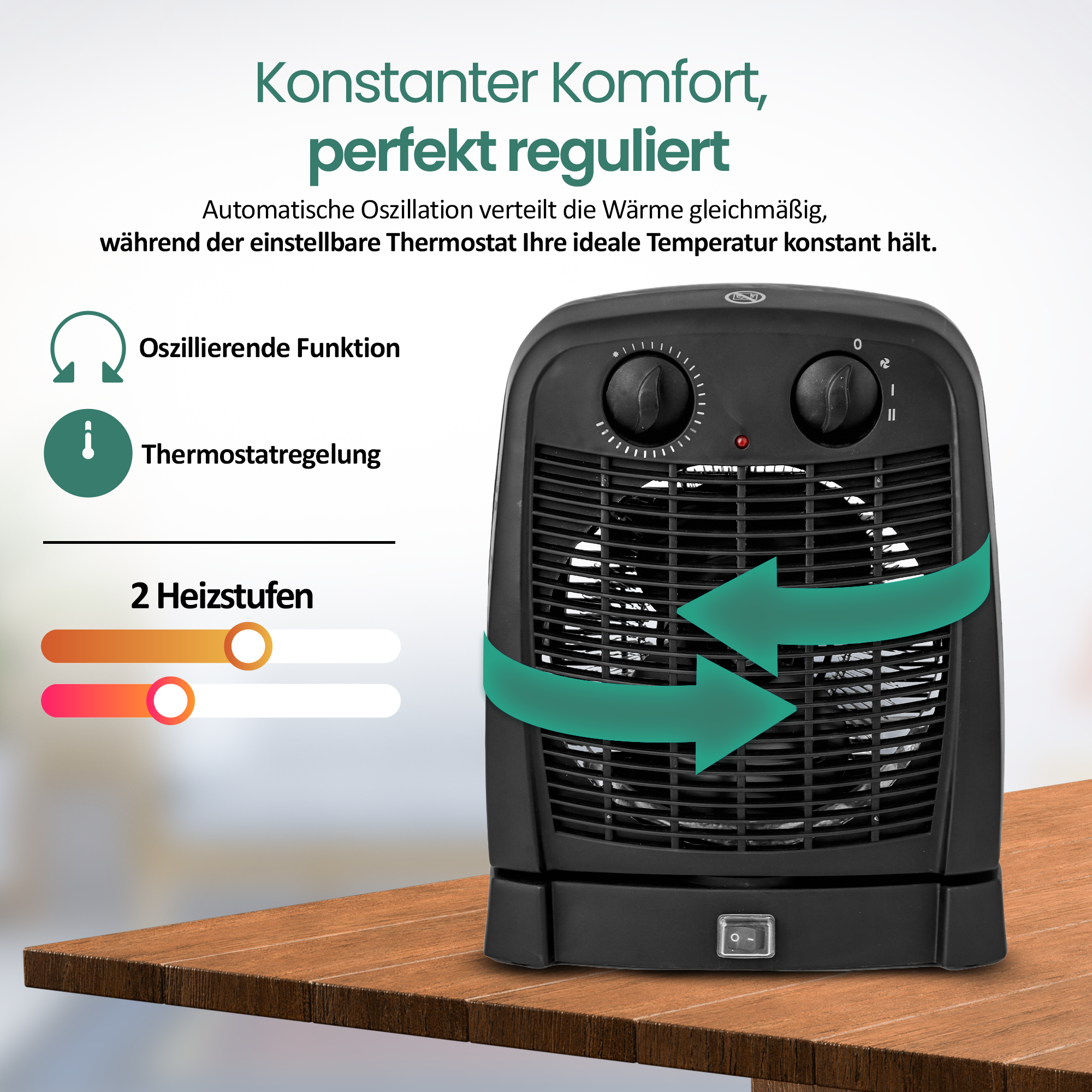 Schwarzer elektrischer Heizlüfter auf einem Holztisch, mit Pfeilen, Drehreglern und Text zur Temperaturregelung.
