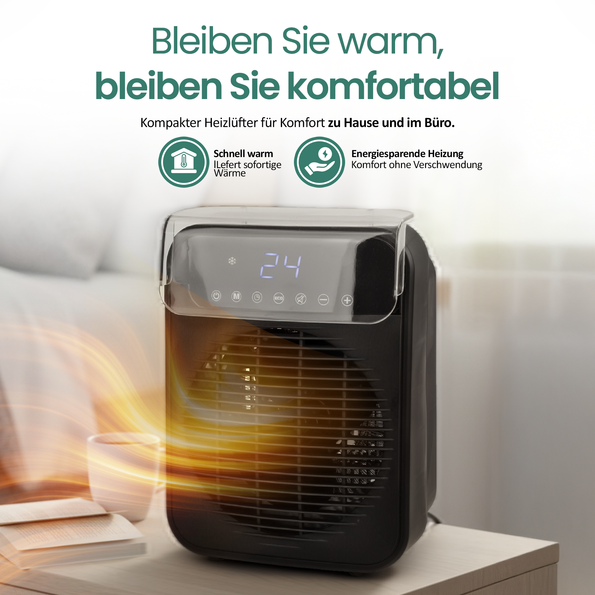 Ein schwarzer Heizlüfter mit digitaler Anzeige von 24. Auf dem Tisch stehen eine Tasse und ein Buch. Das Bild hat warme Töne.