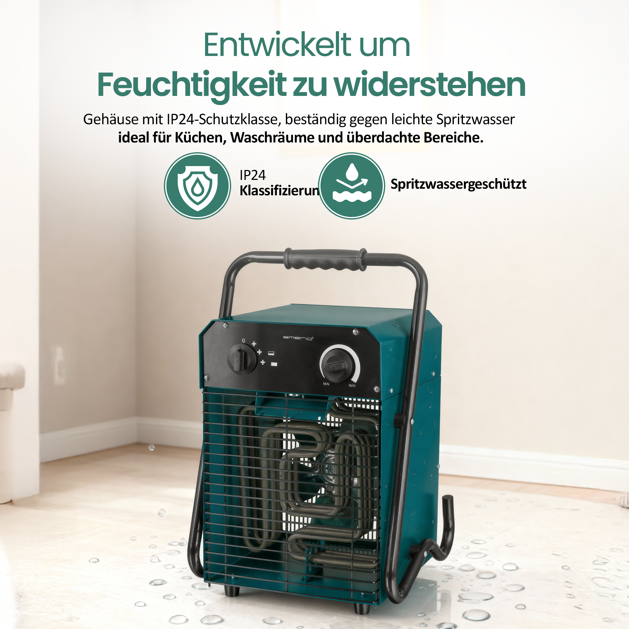 Ein teal Heizlüfter mit schwarzem Griff. Es hat Zifferblätter und ein Schutzgitter. Der Boden hat Wassertropfen.