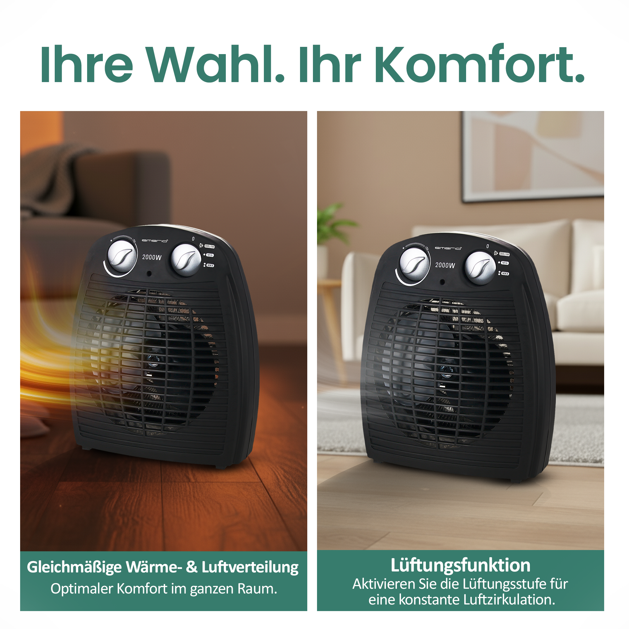 Zwei schwarze Heizlüfter mit Einstellrädern, die Wärme und Luftzirkulation bieten, mit deutschem Text.