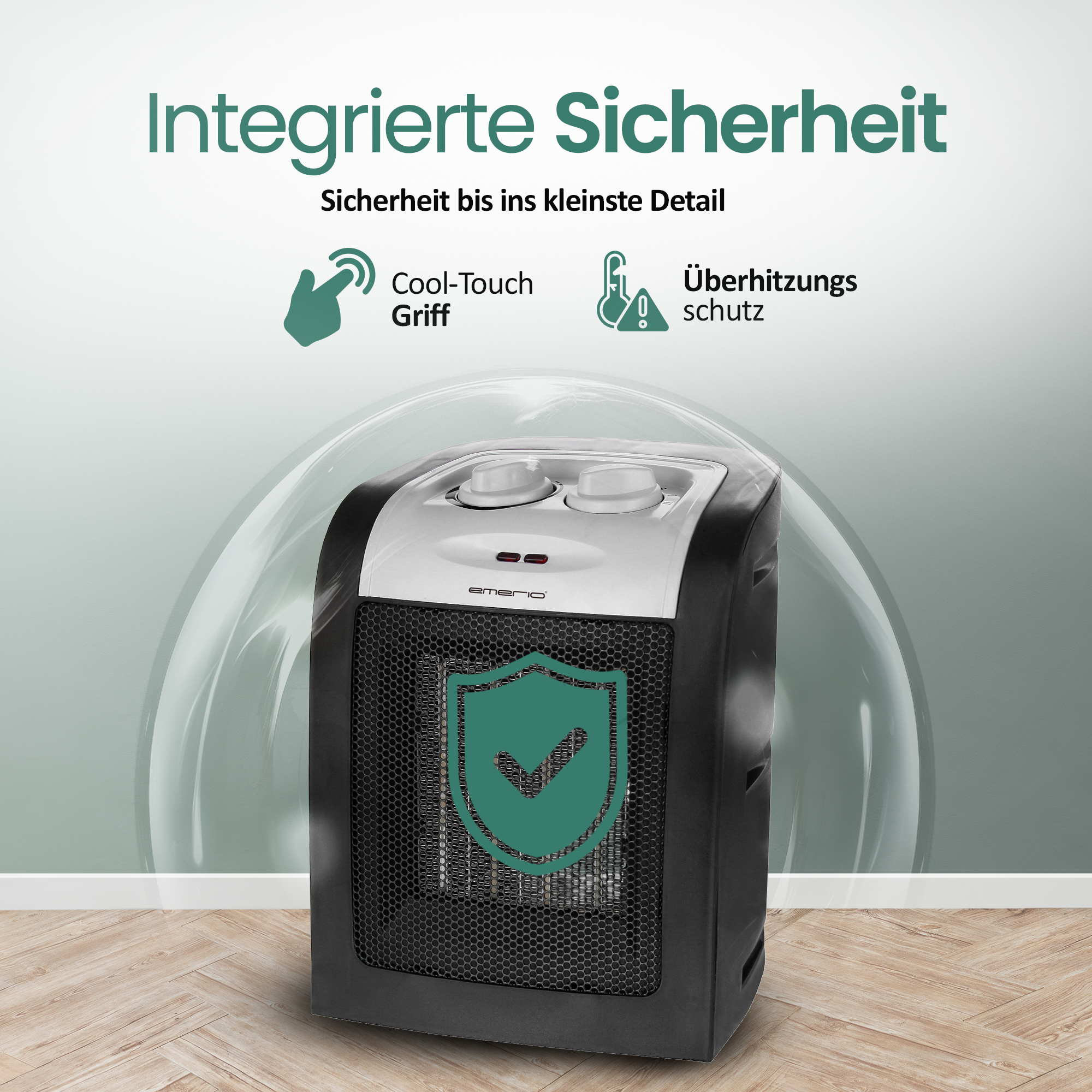 Ein schwarz-weißer Heizlüfter mit Sicherheitssymbolen auf hellem Hintergrund. Merkmale: Cool-Touch, Überhitzungsschutz.
