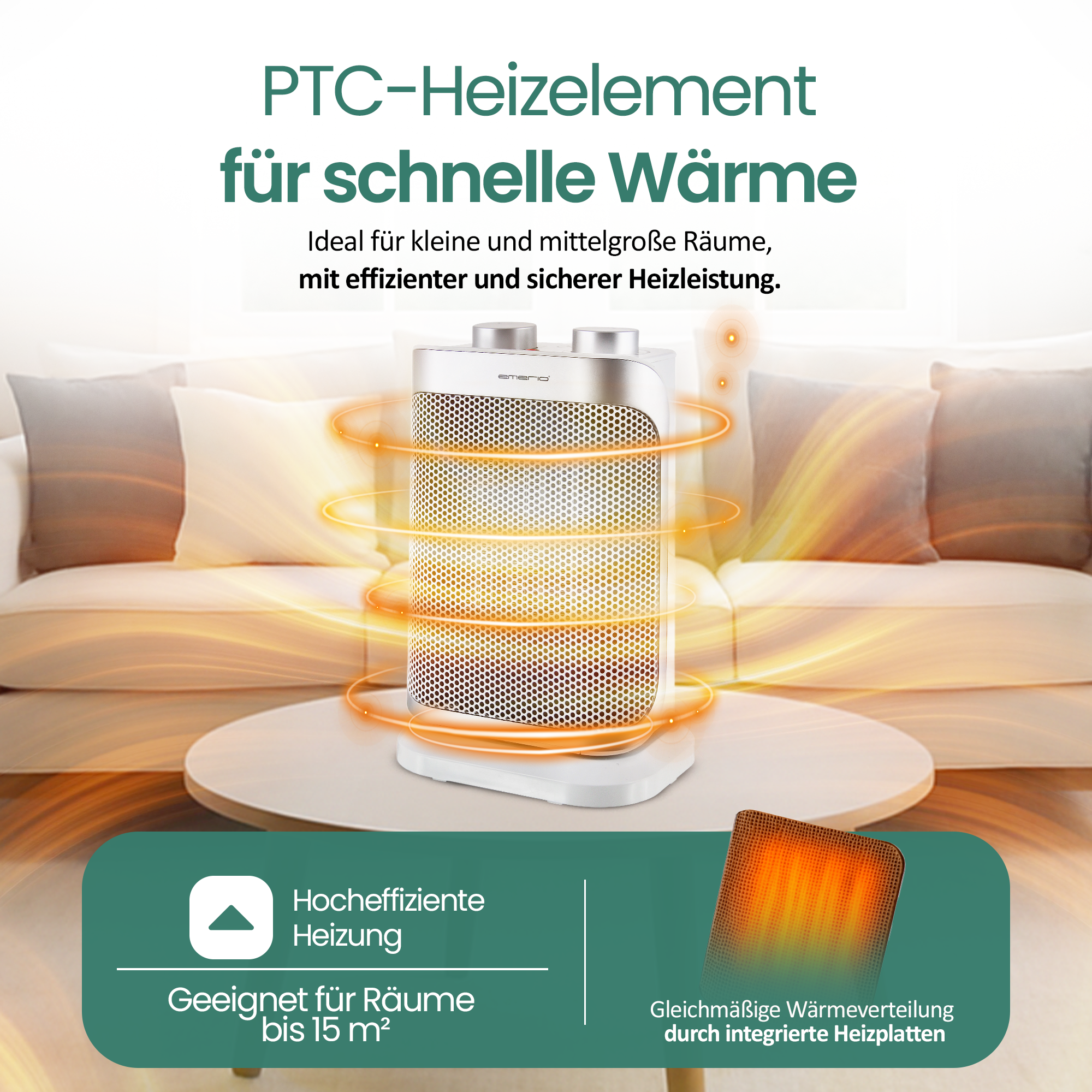 Ein weißer und silberner Heizlüfter auf einem Tisch mit einem Sofa im Hintergrund. Der Heizlüfter hat ein Gitter und Bedienelemente.