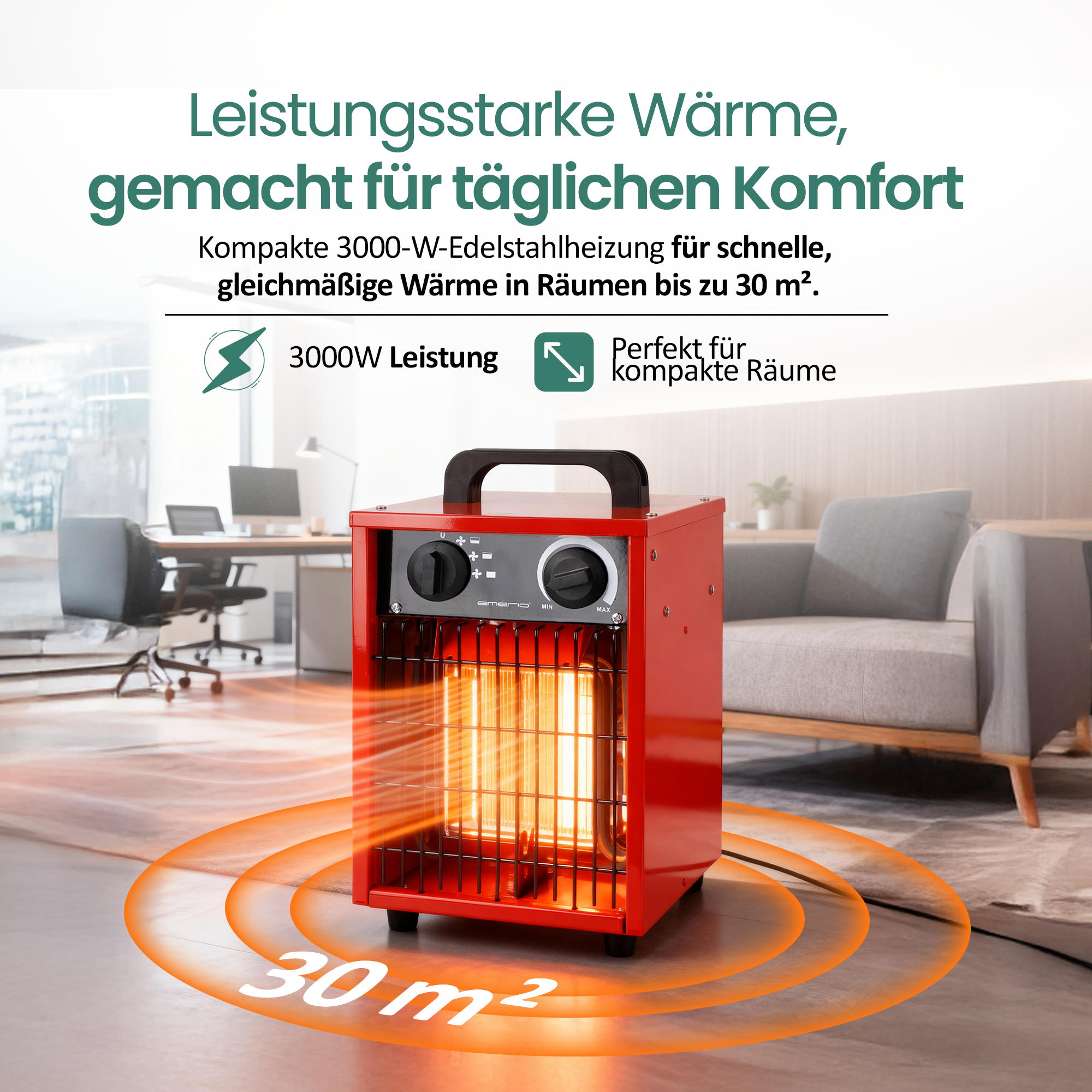 Ein roter Elektroheizer mit orangefarbenen Hitzewellen in einem Raum. Text sagt '3000W Leistung' und 'Perfekt für kompakte Räume'.