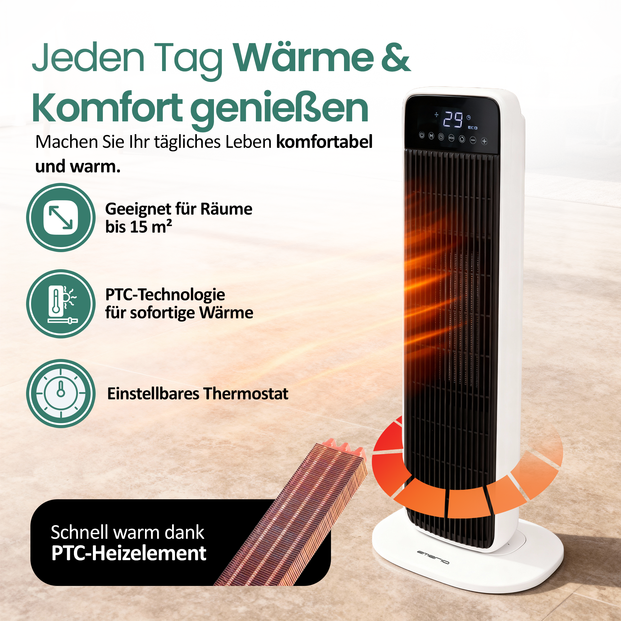 Ein weißer Elektroheizer steht auf einem gefliesten Boden. Er hat ein digitales Display mit Temperaturanzeige. Text erwähnt PTC-Technologie.