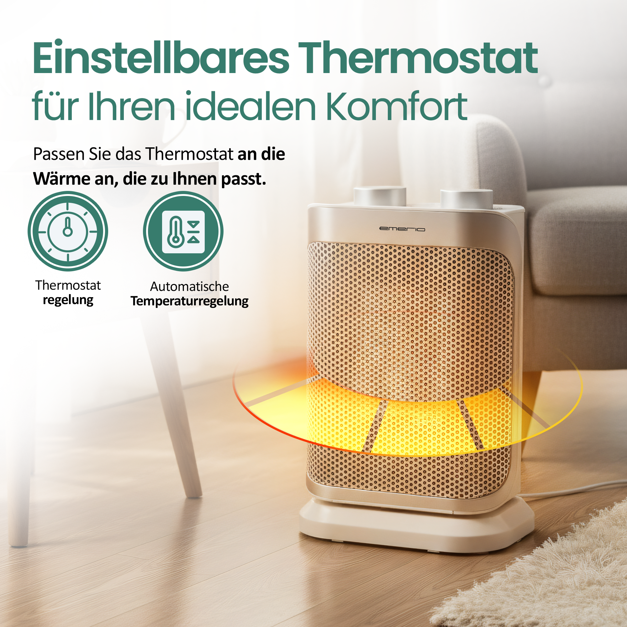 Beiger Heizlüfter mit Wabenfront. Text: Einstellbares Thermostat. Symbole veranschaulichen Temperaturregelung.