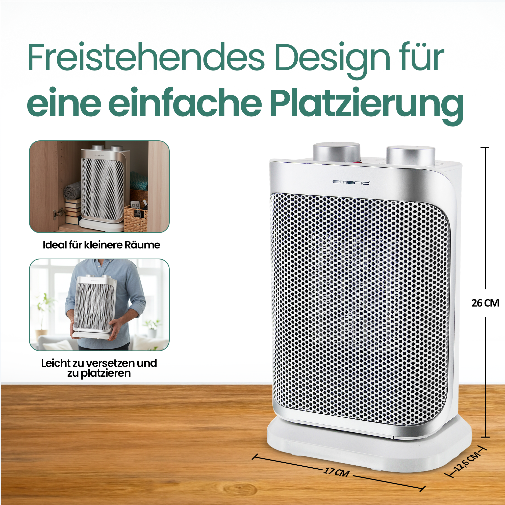 Weißer Heizlüfter mit silberner Oberseite auf Holz. Text zeigt Abmessungen und Vorteile.