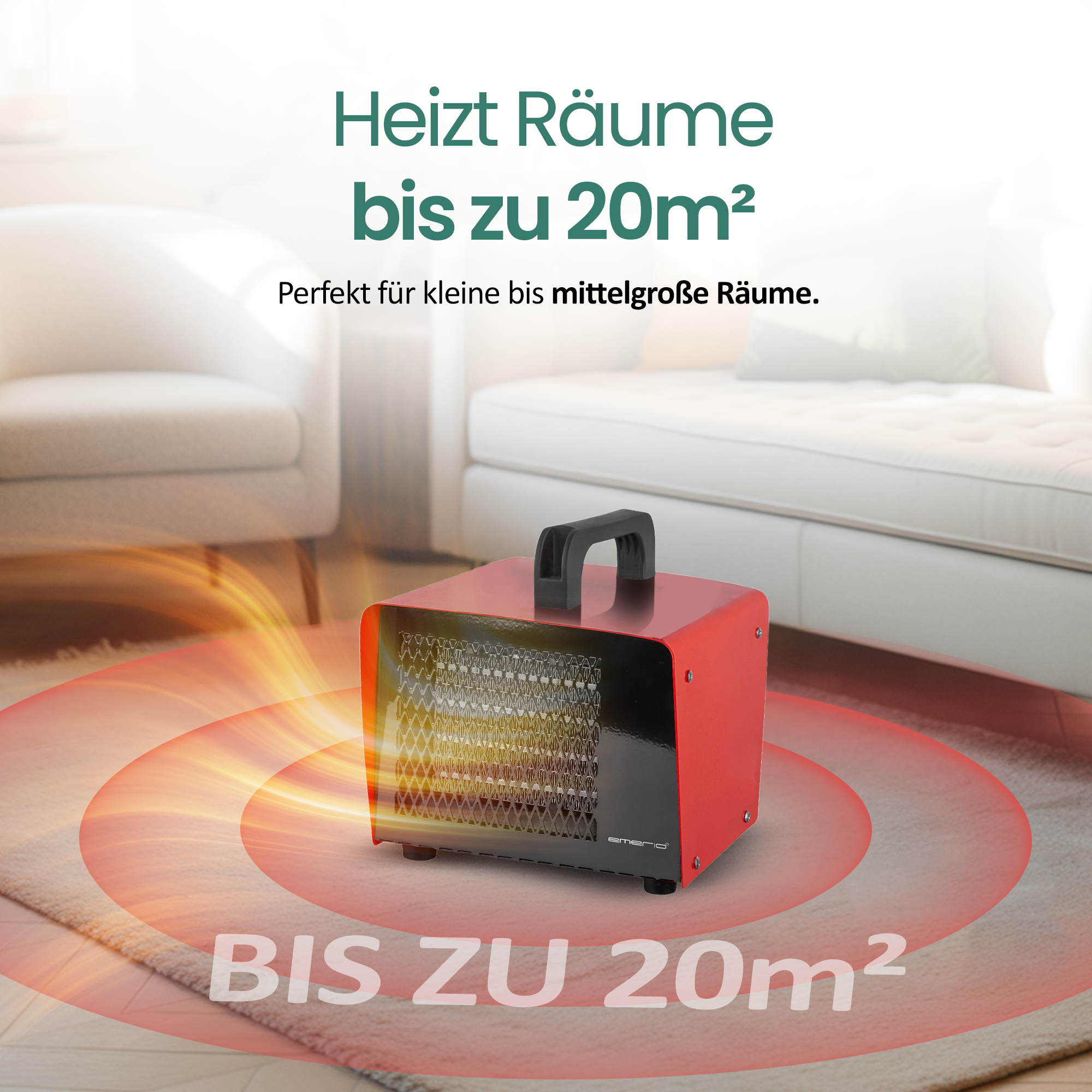 Roter und schwarzer Heizkörper auf einem Teppich, mit Hitzewellen. Text: 'Heizt Räume bis zu 20m²'.