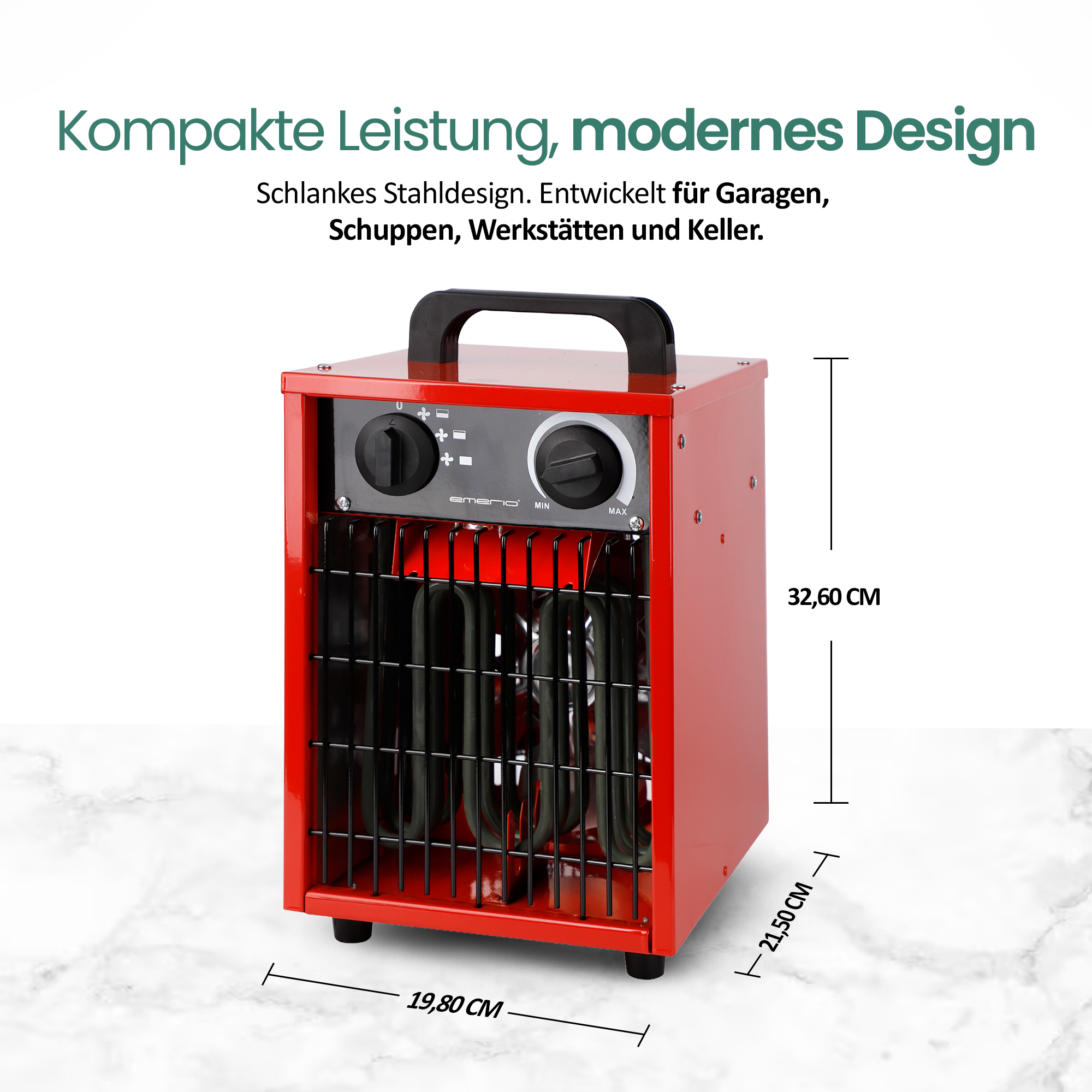 Roter elektrischer Heizlüfter mit schwarzem Griff und Bedienelementen. Abmessungen in cm. Weißer Marmorhintergrund.