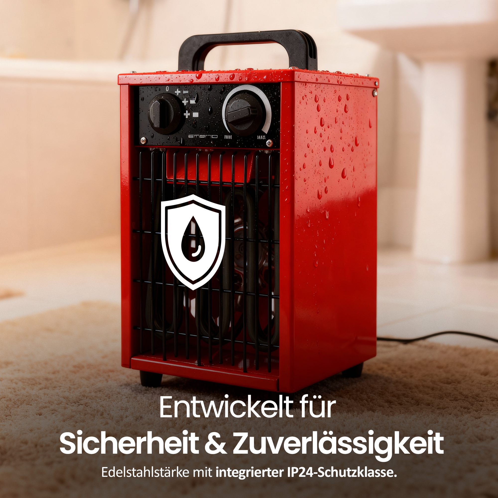 Roter elektrischer Heizlüfter mit schwarzem Griff. Es befindet sich in einem Badezimmer, mit Wassertropfen auf der Oberfläche.