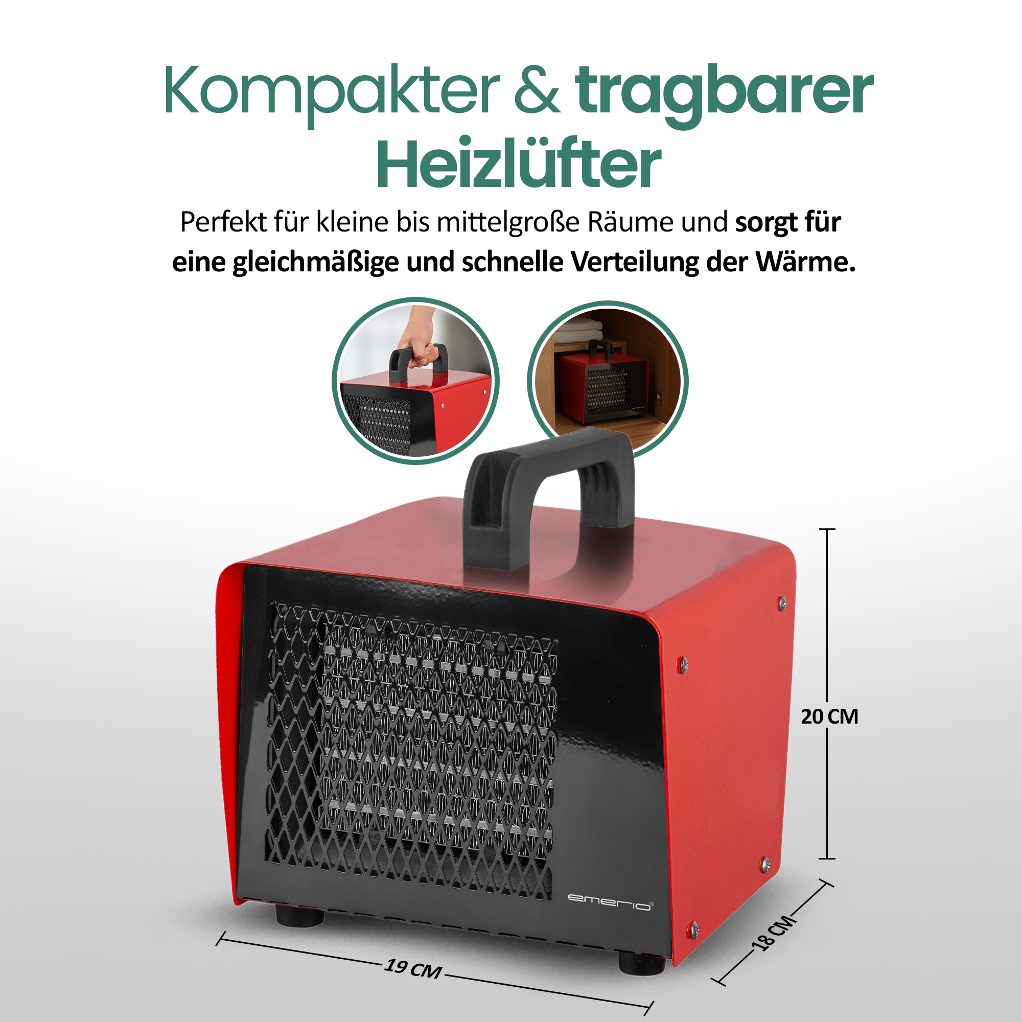 Roter und schwarzer tragbarer Heizlüfter mit Griff, Abmessungen angezeigt. Text sagt 'kompakter Heizlüfter' und 'perfekt für kleine Räume'.