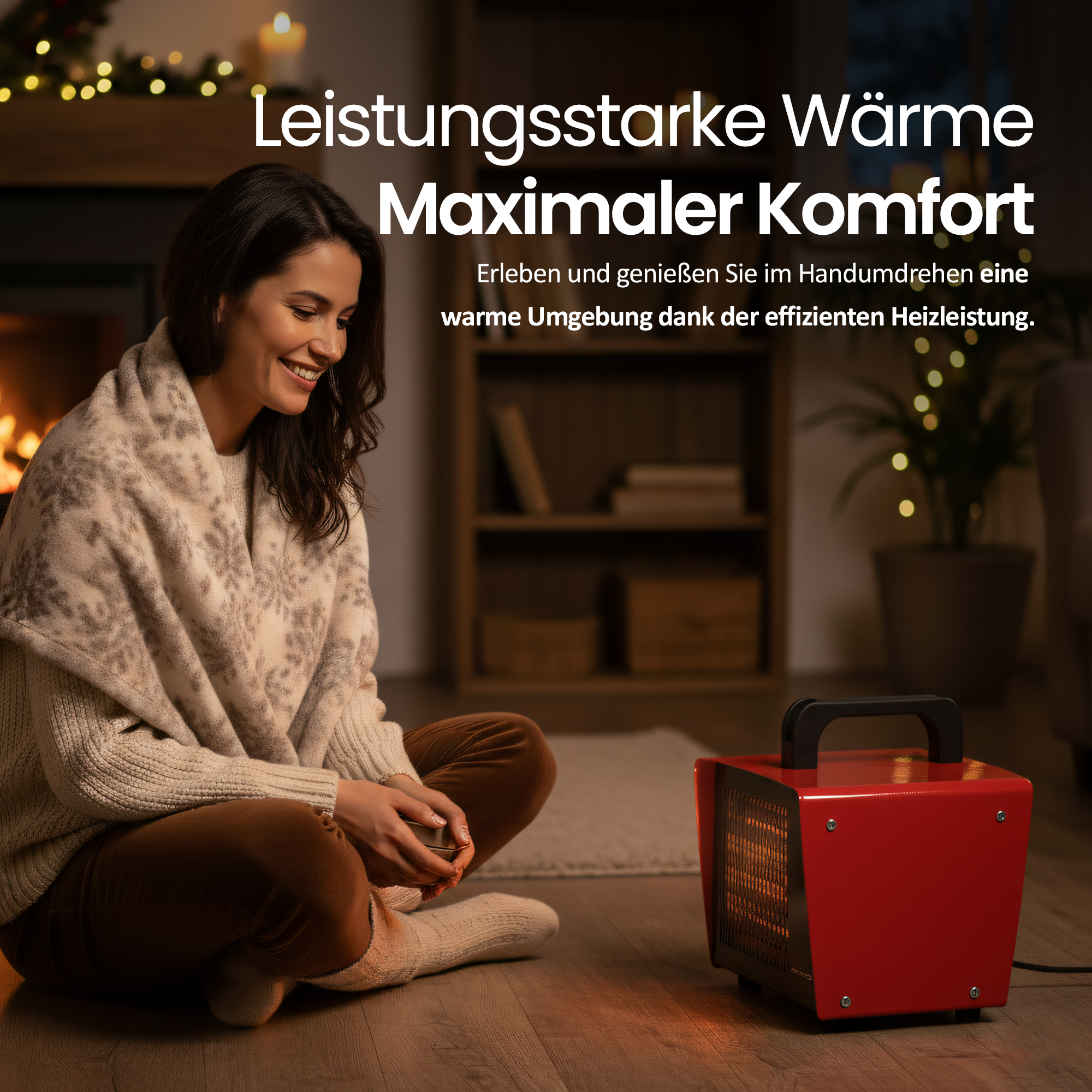 Eine Frau sitzt neben einem roten Heizgerät. Sie trägt einen Pullover und eine Decke und lächelt. Text: 'Leistungsstarke Wärme, maximaler Komfort.'