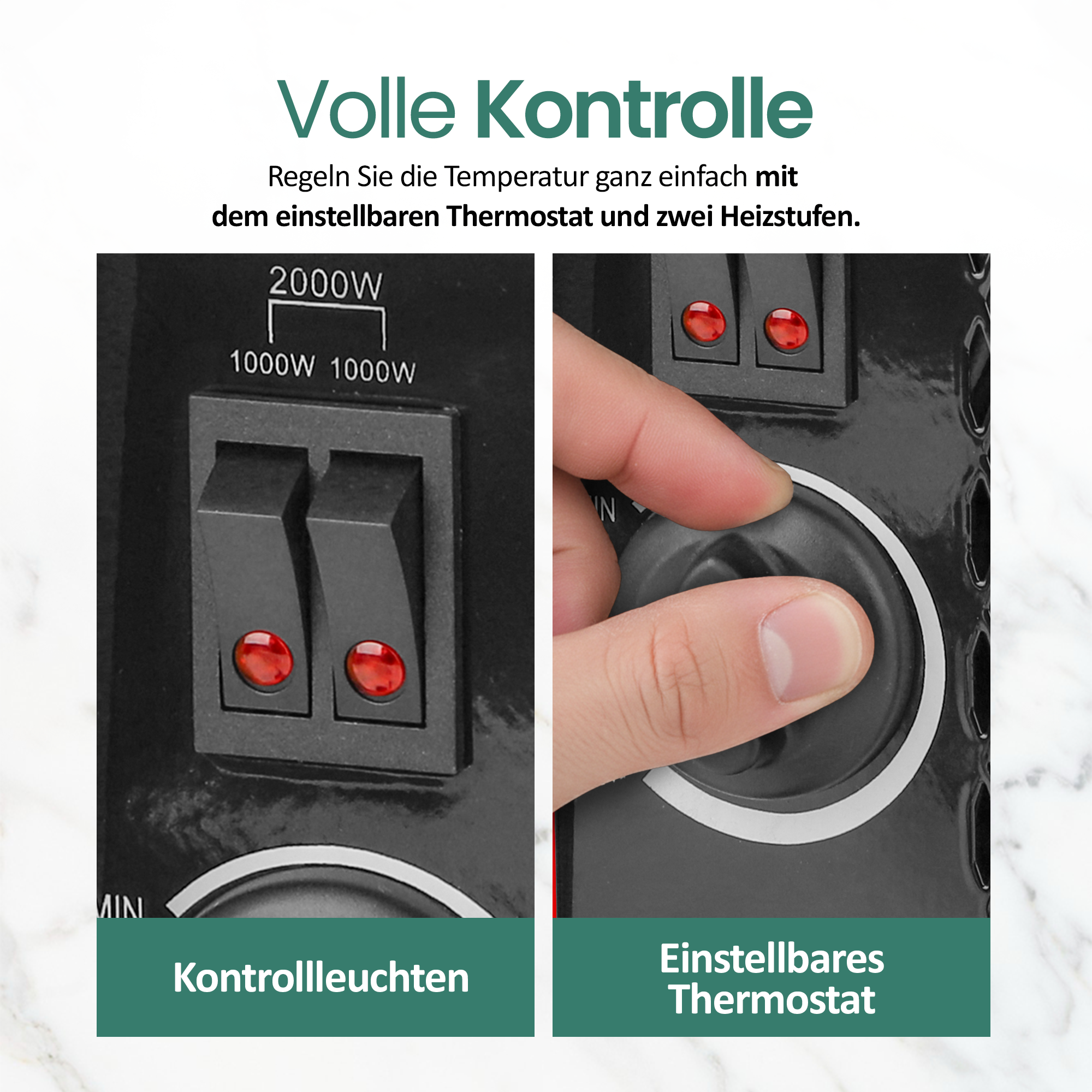 Nahaufnahme eines Heizungsbedienfelds mit Schaltern, Leuchten und einem Drehregler. Text auf Deutsch.