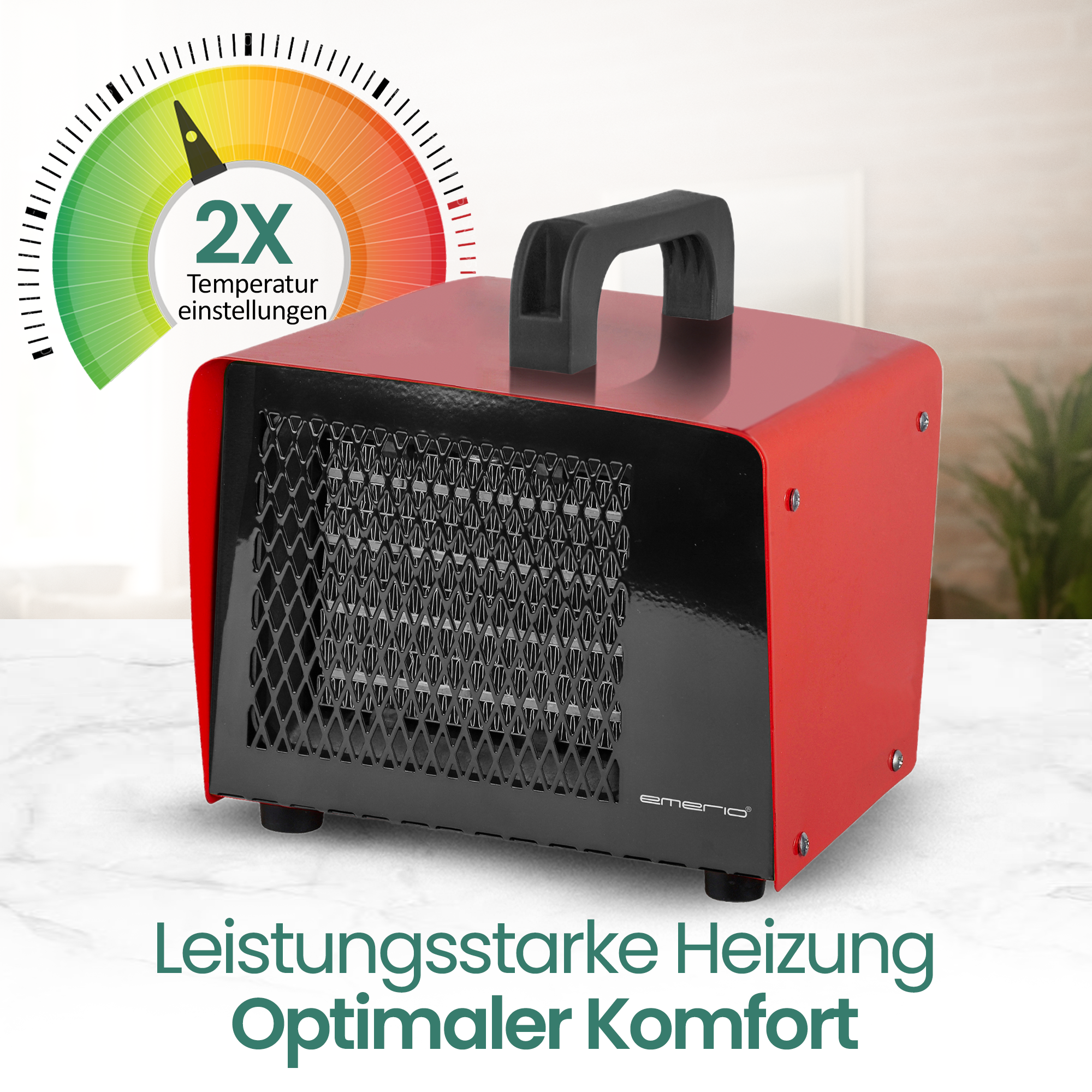 Roter und schwarzer Elektroheizer mit Griff. Temperaturanzeige links. Text unten.