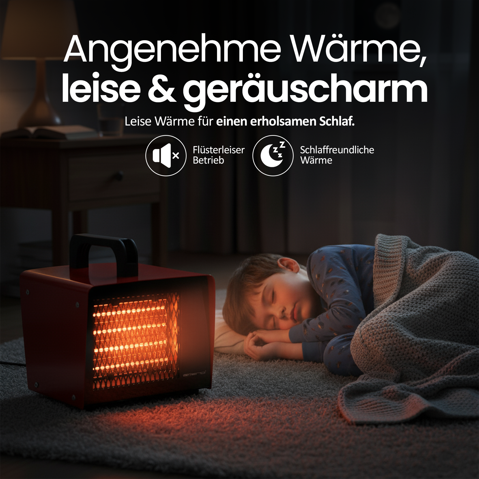 Ein Kind schläft neben einem roten Heizgerät. Der Heizkörper glüht. Text sagt 'Leise Wärme für erholsamen Schlaf'.