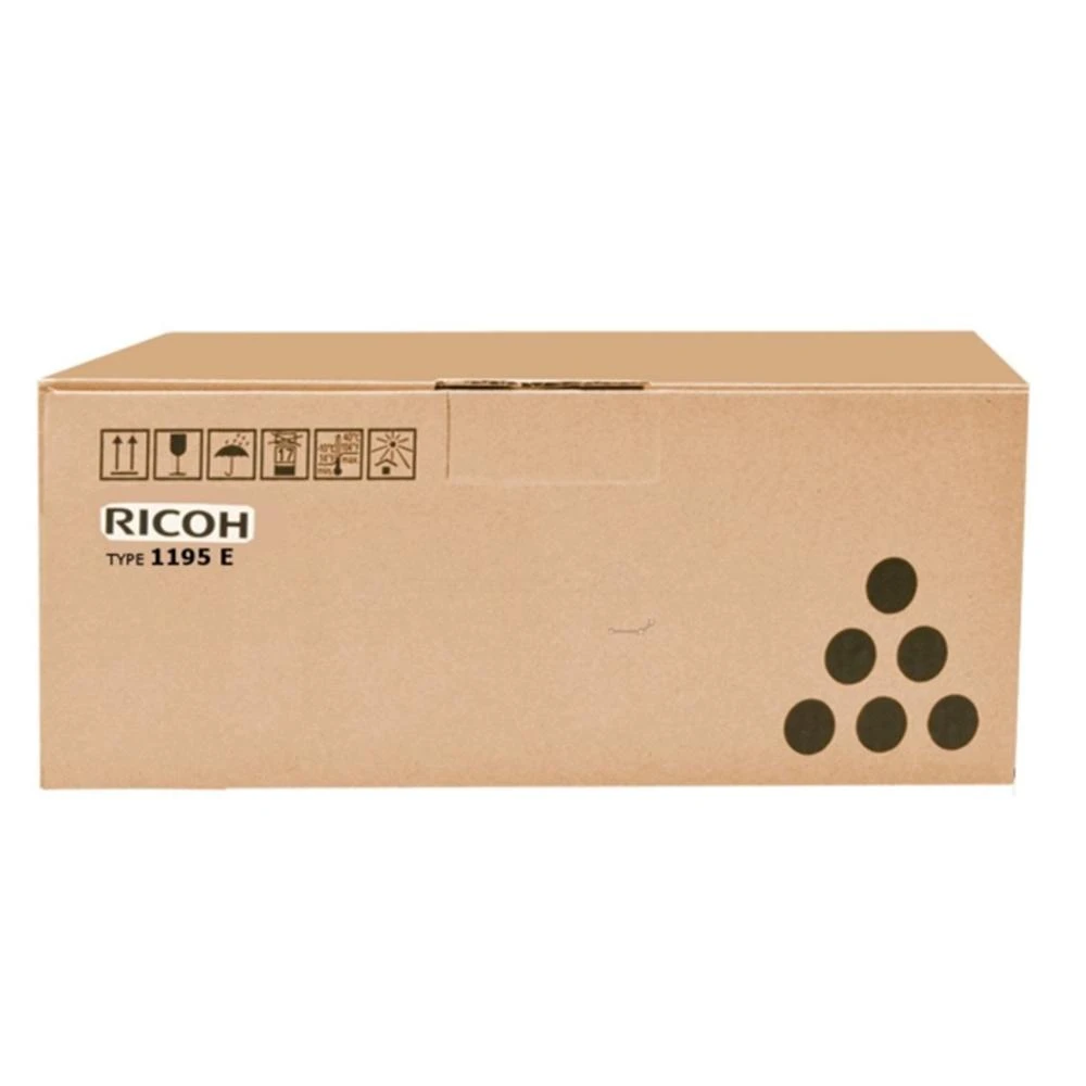 Ein Karton mit dem Ricoh-Logo und Symbolen. Auf der rechten Seite befinden sich schwarze Kreise.