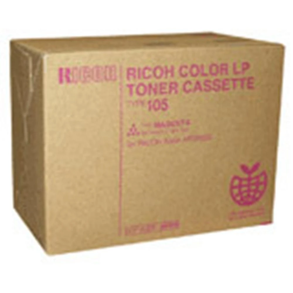 Una scatola di cartone con testo magenta che dice 'RICOH COLOR LP TONER CASSETTE TYPE 105'.